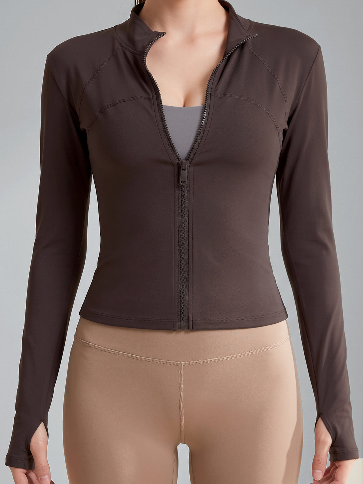 Stand Collar Thumb Button Zip Jacket - Coffee