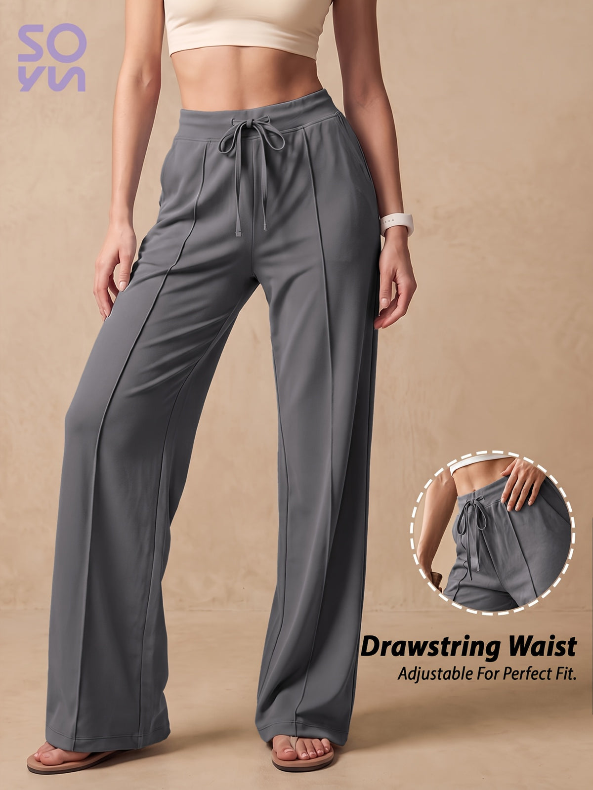 Drawstring Wide Leg Pocket Yoga Pants - Grey