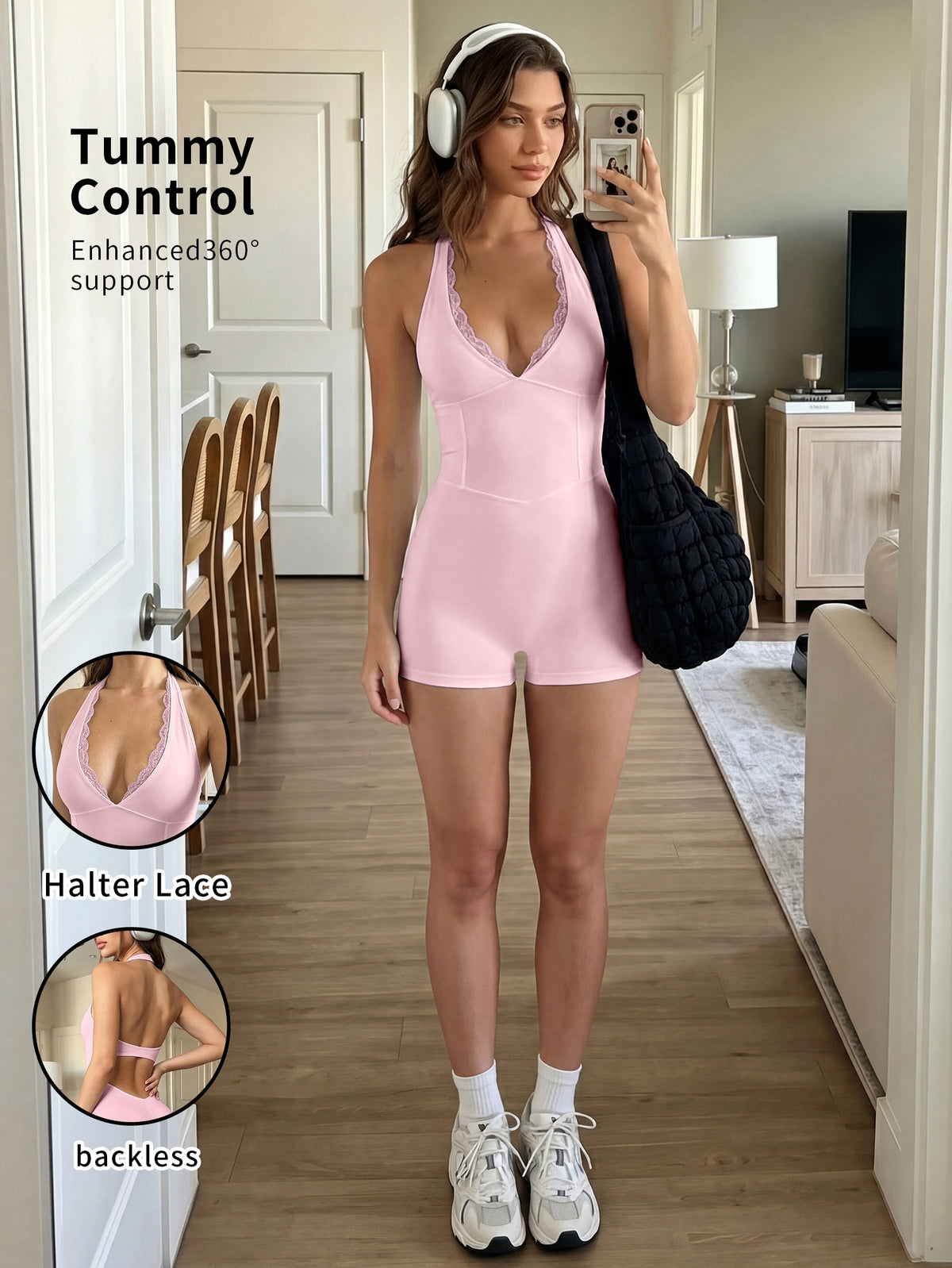 Lace Halter Deep V Romper - Hot Pink