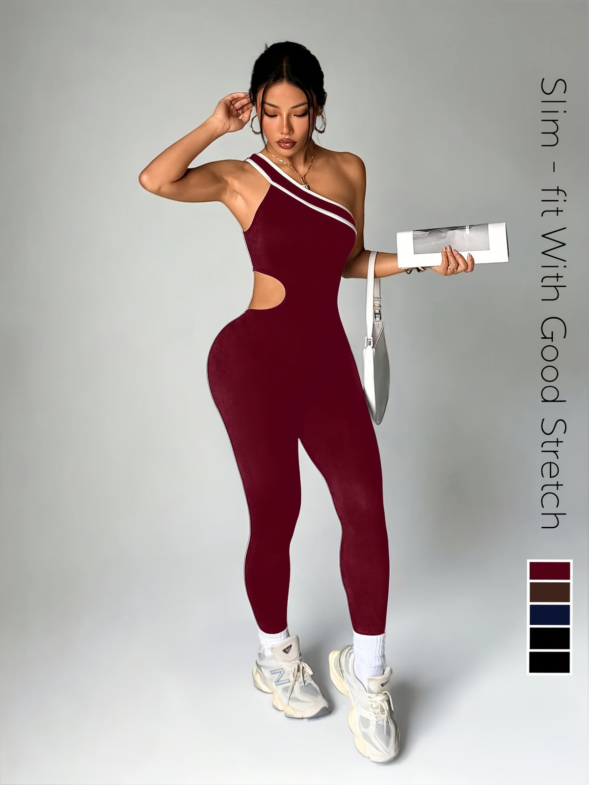One Shoulder Cutout Jumpsuit - Burgundy