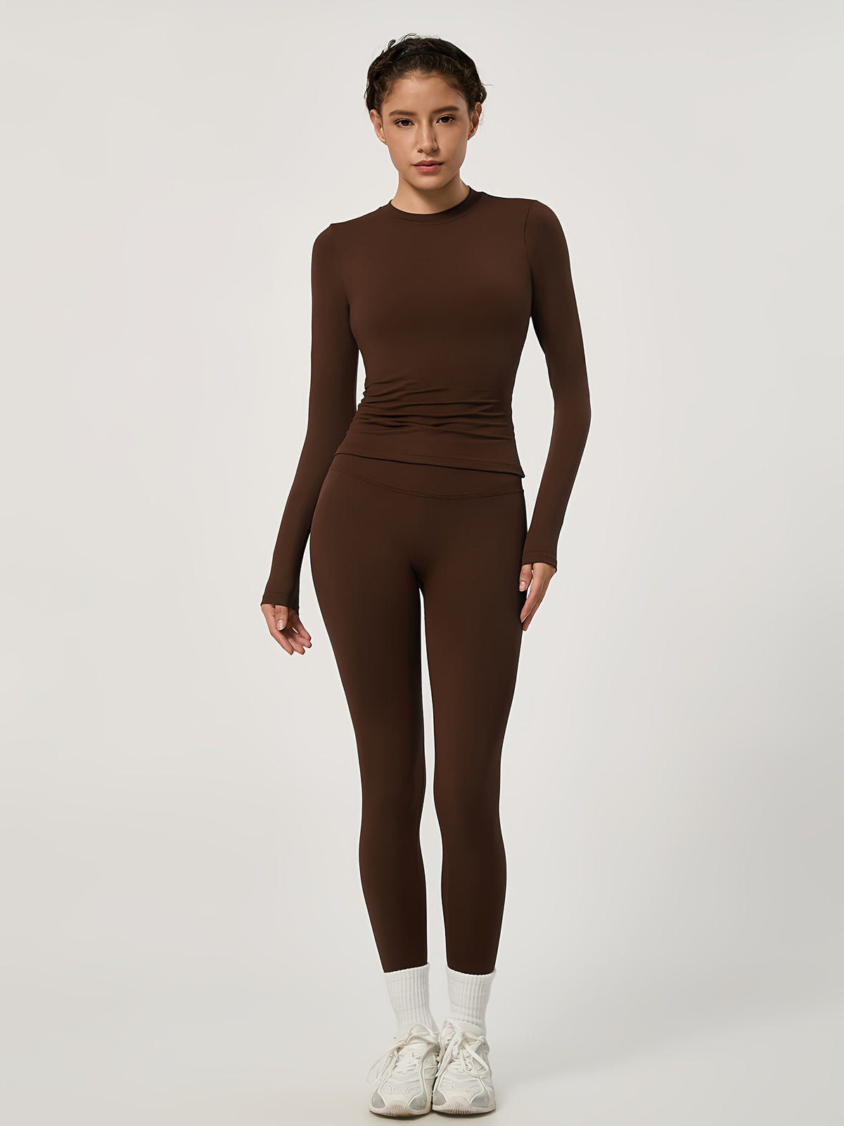 Long Sleeve Top & Seamless Leggings Set - Mocha Brown