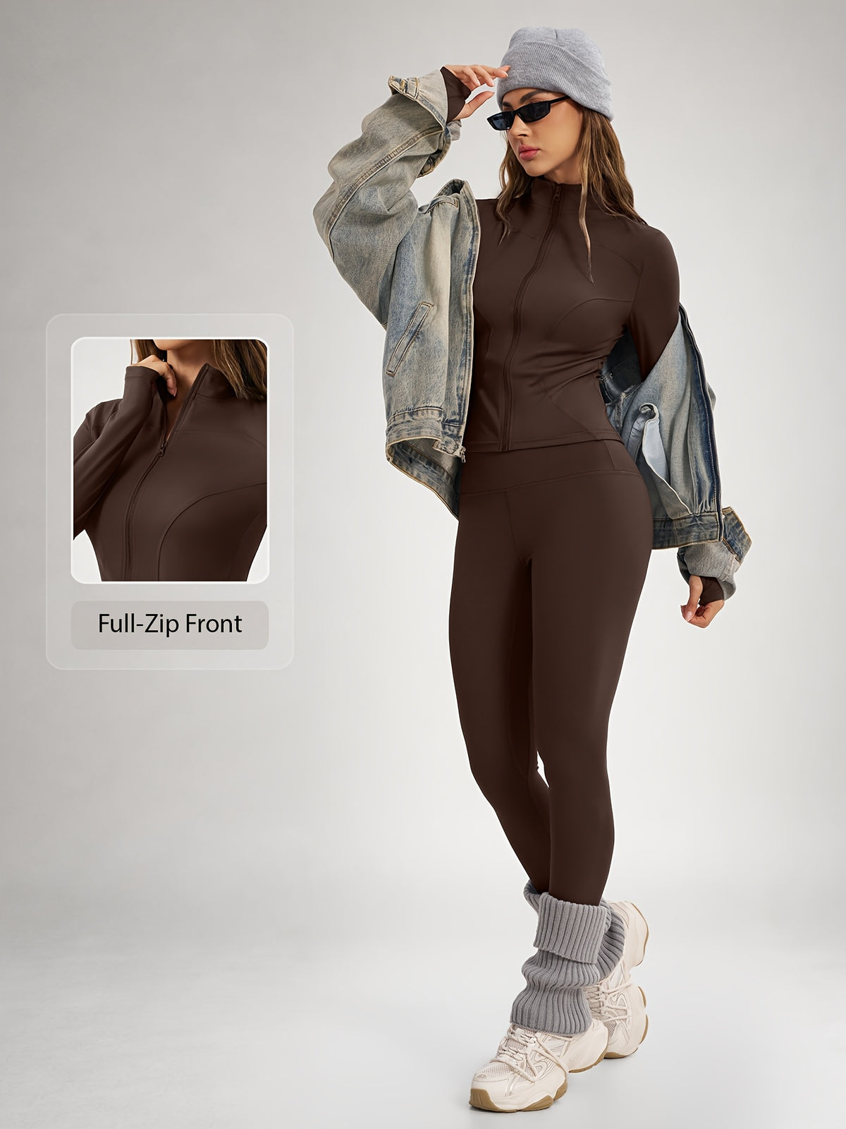 Thumbhole Cropped Zip Jacket & Leggings Set - Espresso