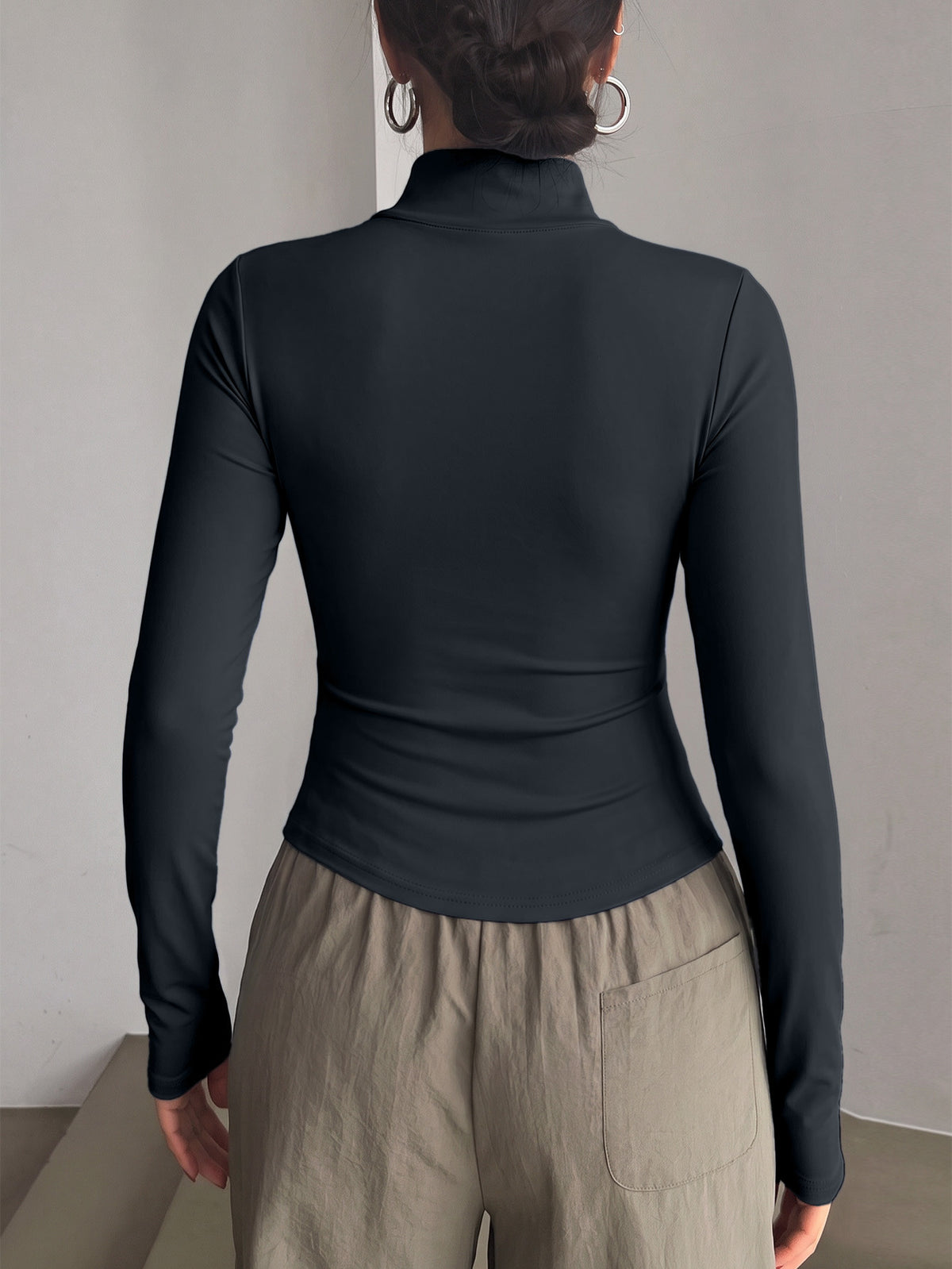 Half Zip Curved Hem Thumbhole Top - Dark Gray
