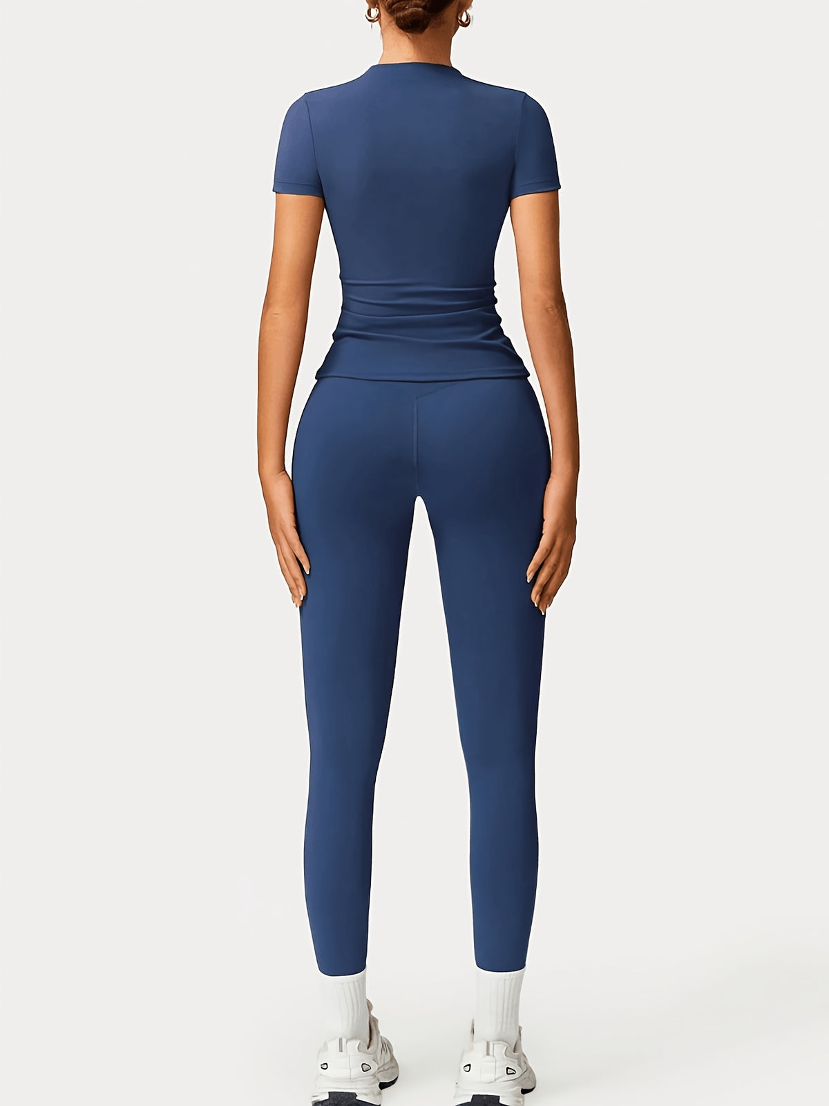 Slim Round Neck Top & Lifting Leggings Set - Navy