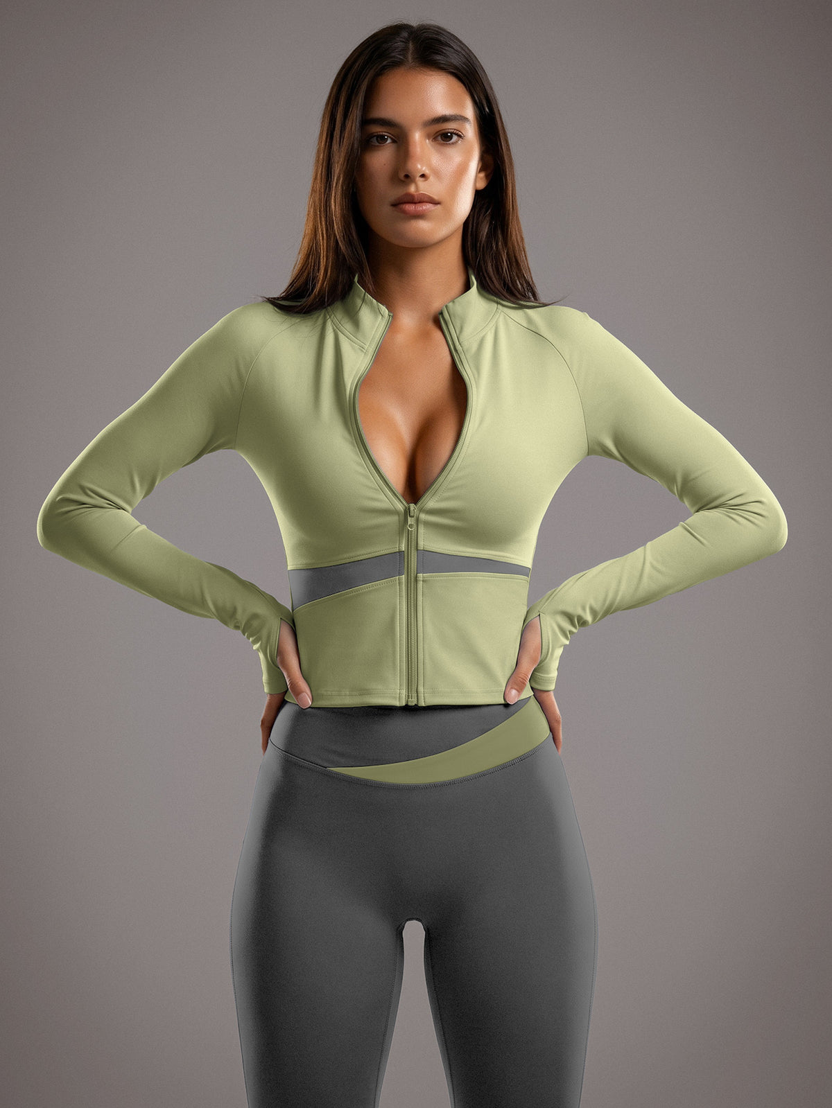Color Block Cardigan Jacket & Slim Pants Set - Light Green & Grey