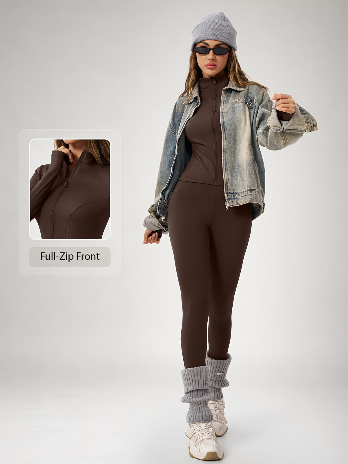 Thumbhole Cropped Zip Jacket & Leggings Set - Espresso