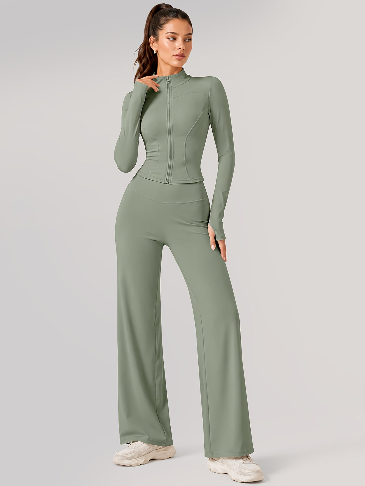 Zip Jacket & Wide Leg Pants Set - Sage Green