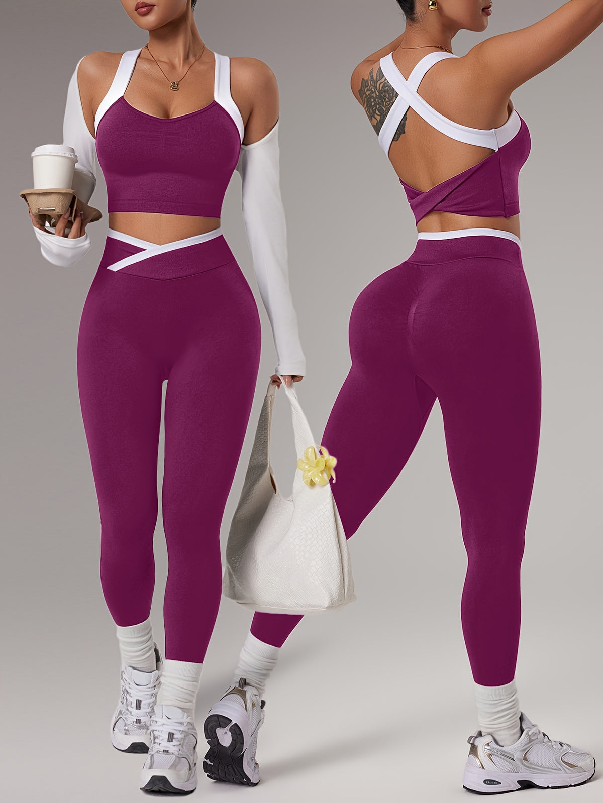 Cross Strap Bra & Leggings Set - Fuchsia