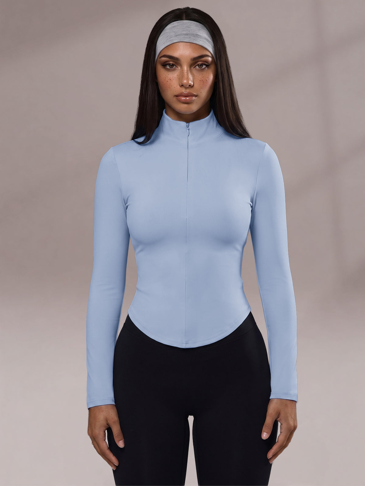 Half Zip Curved Hem Top - Light Blue