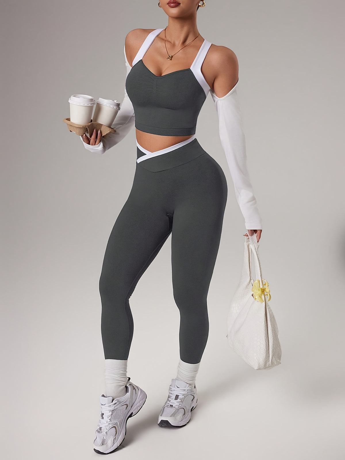 Cross Strap Bra & Leggings Set - Dark Grey
