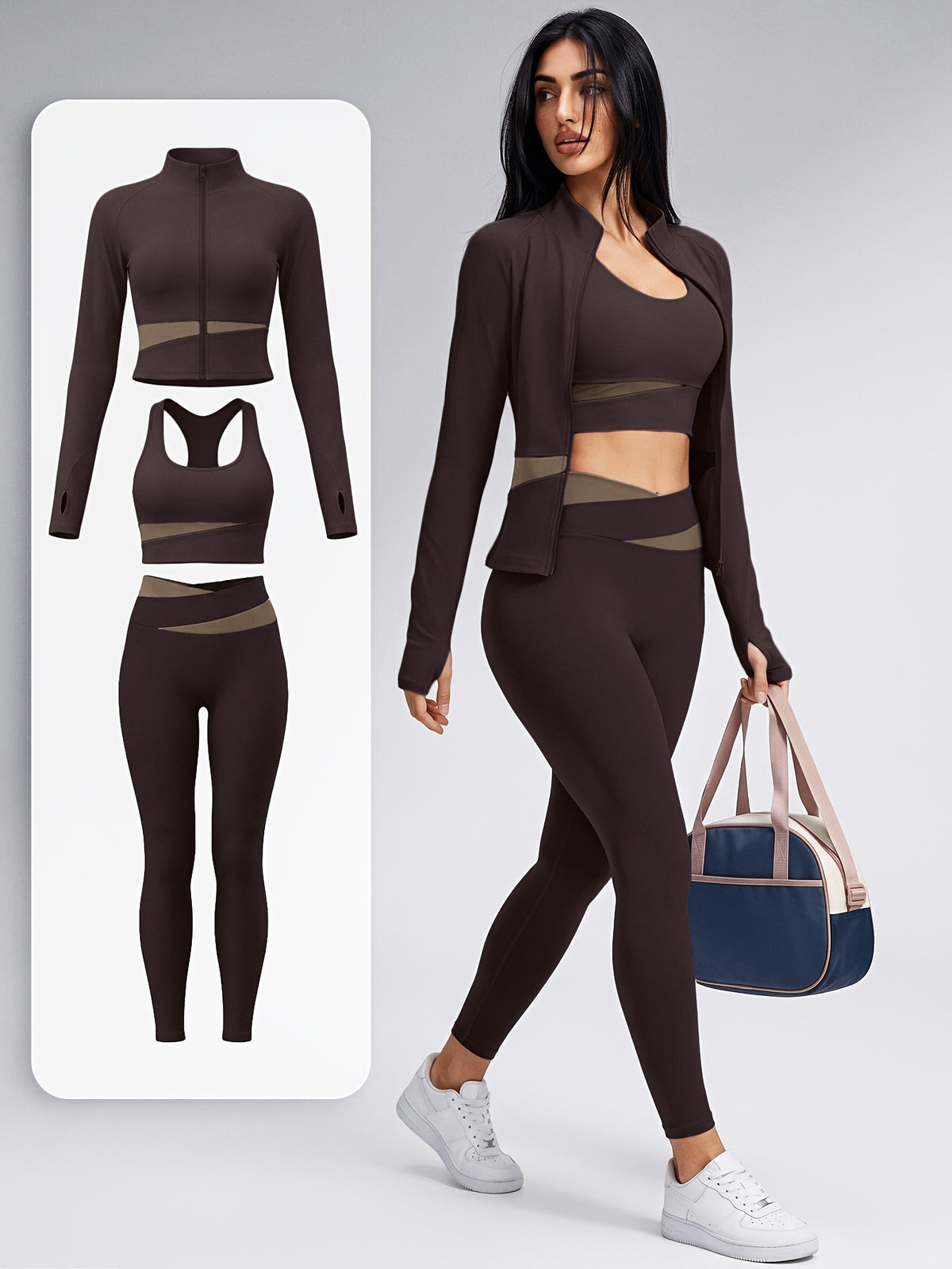 Colour Block Thumbhole Jacket 3 Piece Set - Coffee