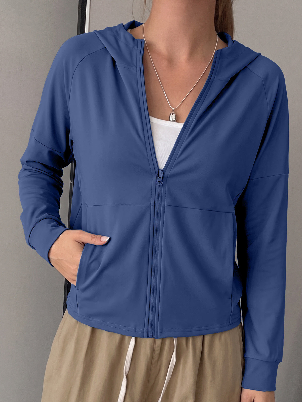 Longline Hooded Thumb Loop Jacket - Navy