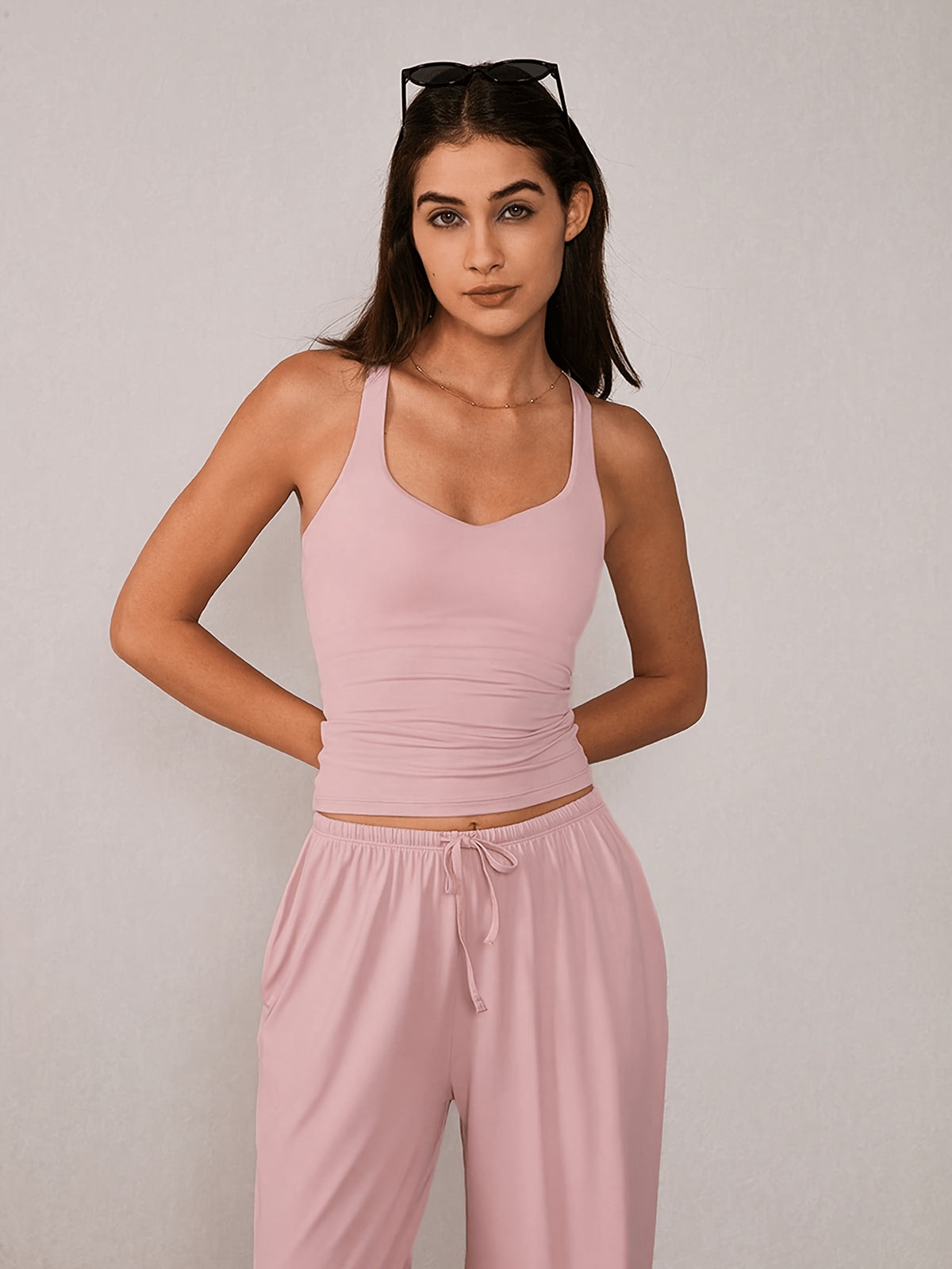 Racerback Tank & Wide Leg Pants Set - Light Pink