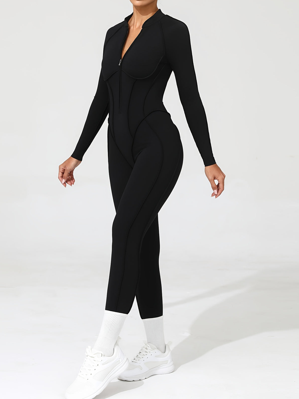 Half Zip Open Back Long Sleeve Jumpsuit - Black