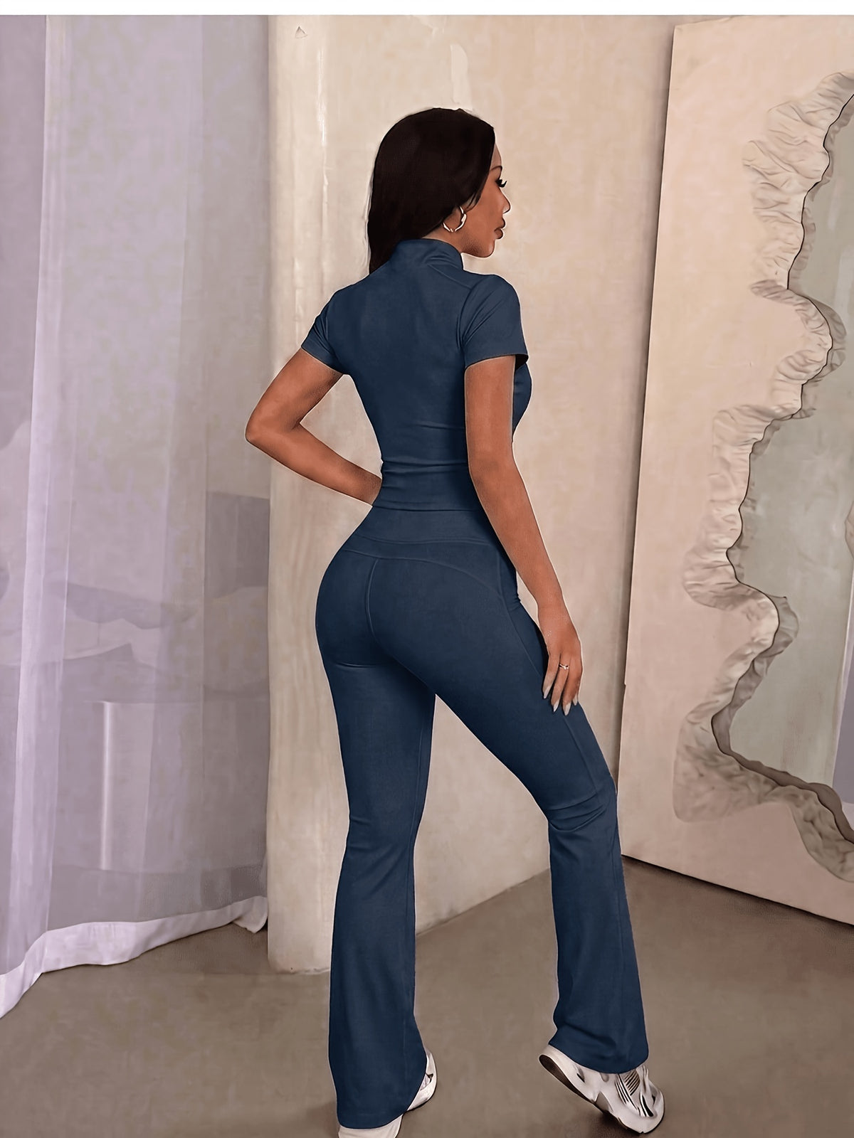 Short Sleeve Zip Top & Flare Pants Set - Navy