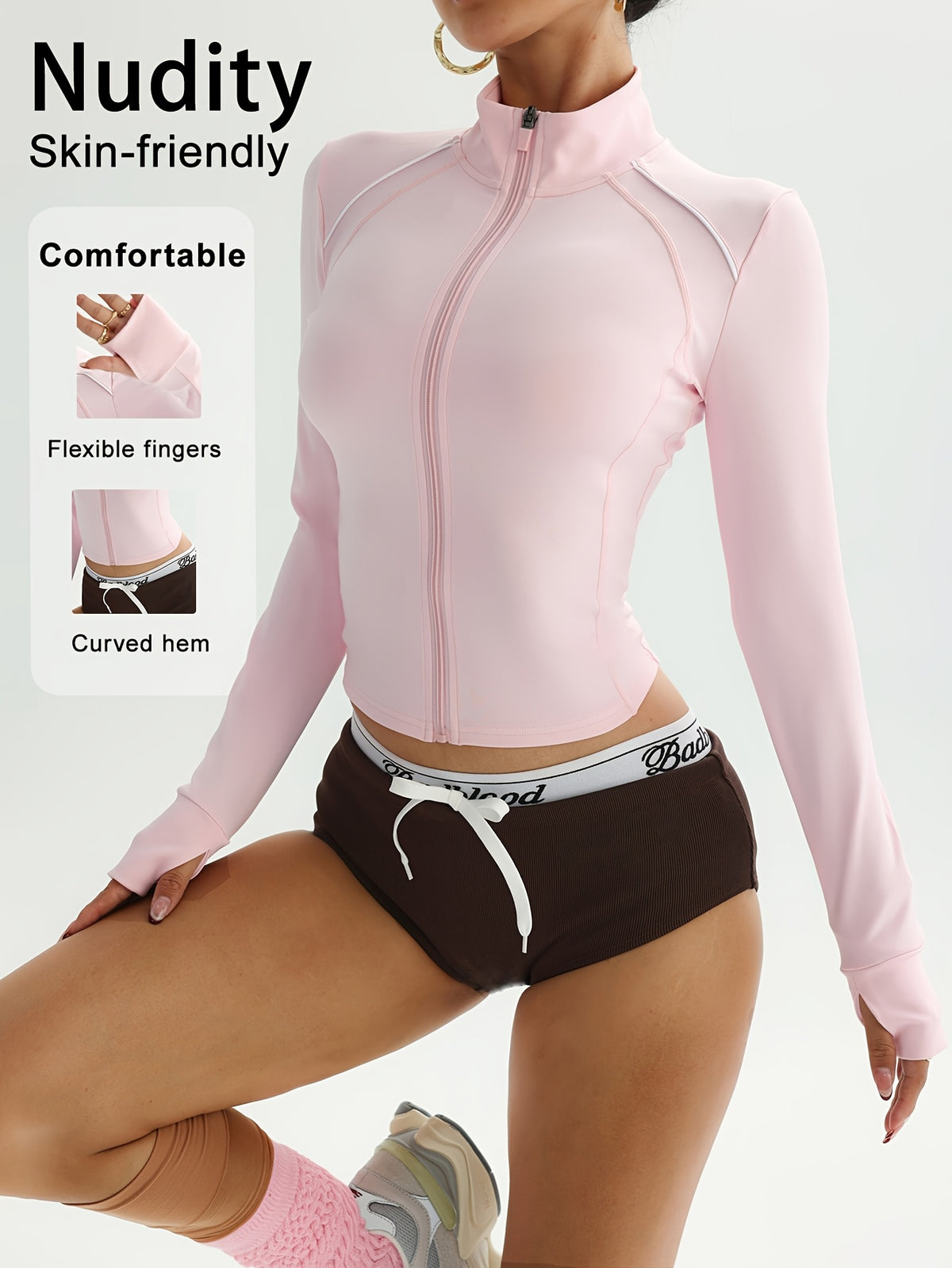 Contrast Stand Collar Zip Jacket - Pink Red