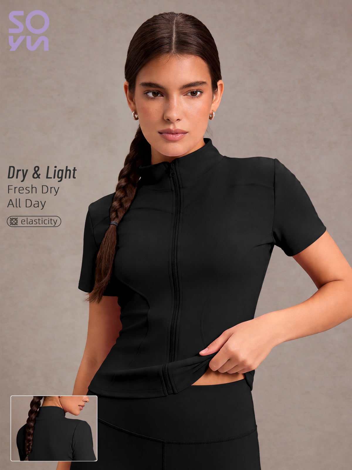 Short Sleeve Zip Up Slim Jacket - Black