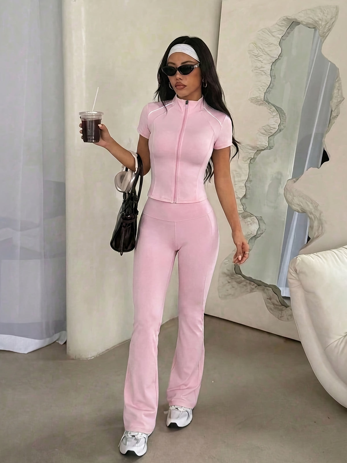 Short Sleeve Zip Top & Flare Pants Set - Pink Red