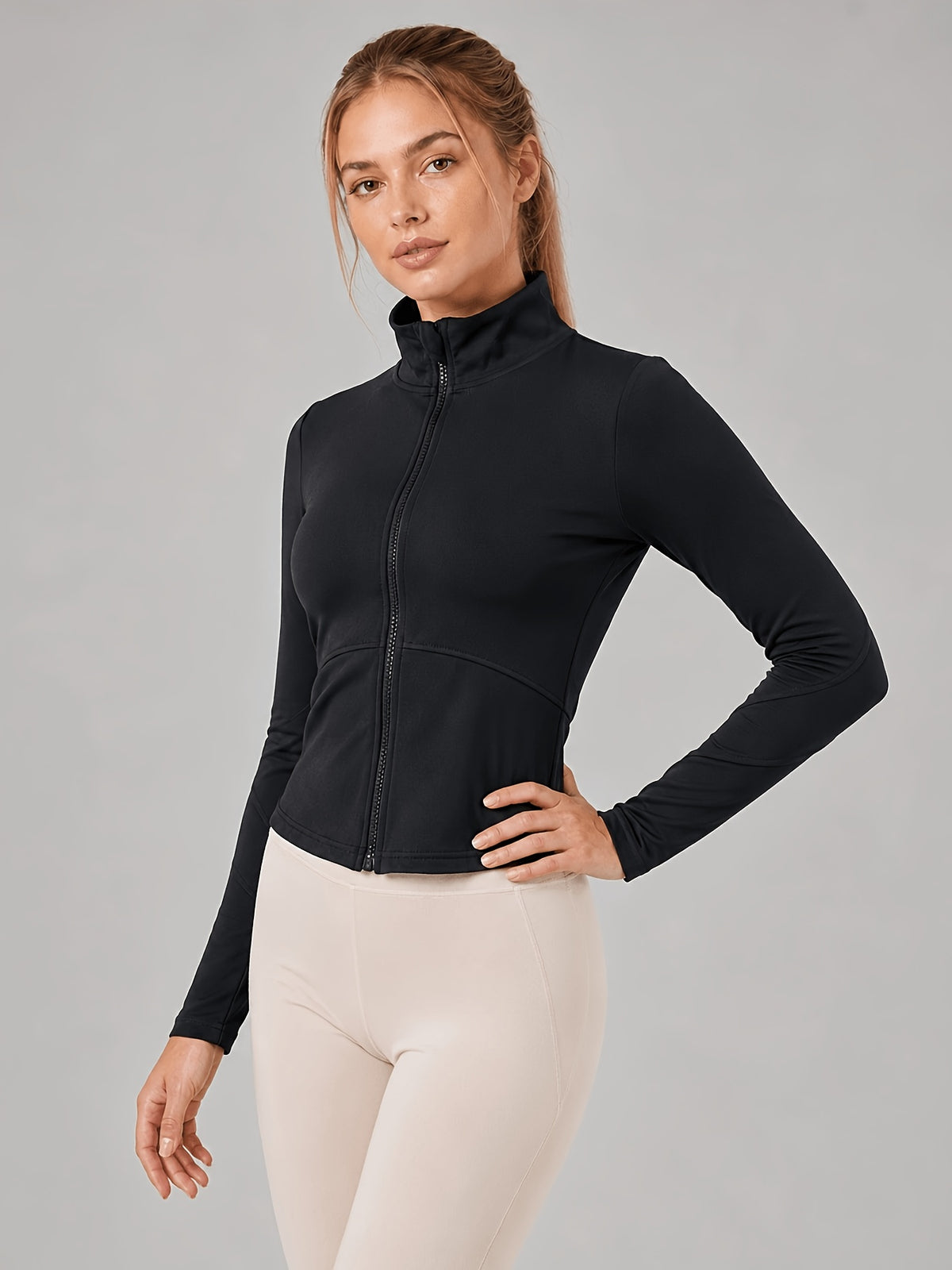 Slim Fit Stretch Zip Up Yoga Jacket - Black