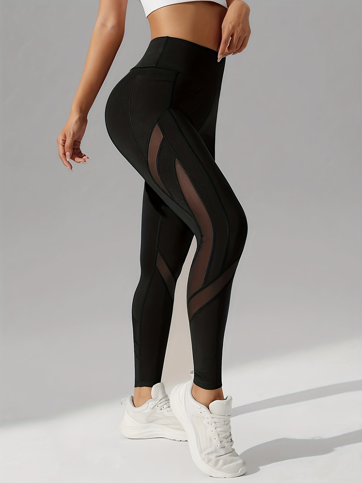 Mesh Panel Side Pocket Leggings - Black