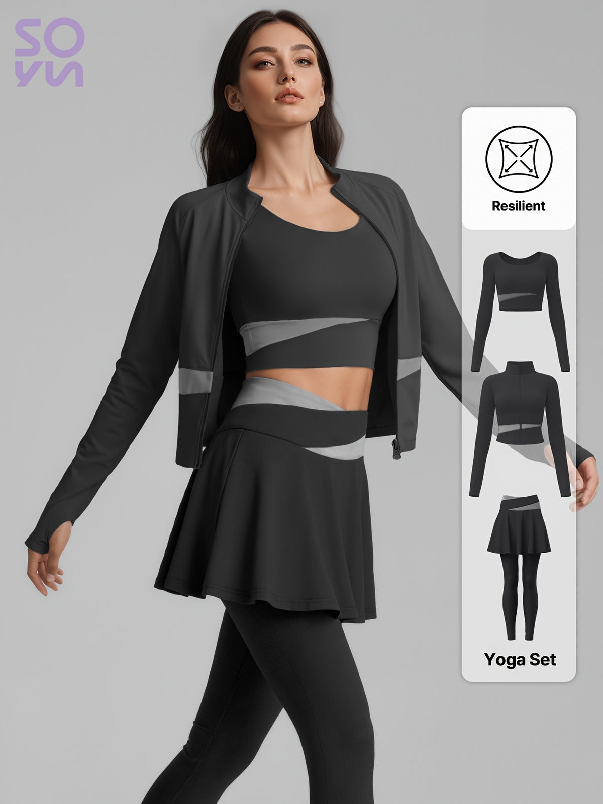 Colour Block Jacket & Skort 3 Piece Set - Black