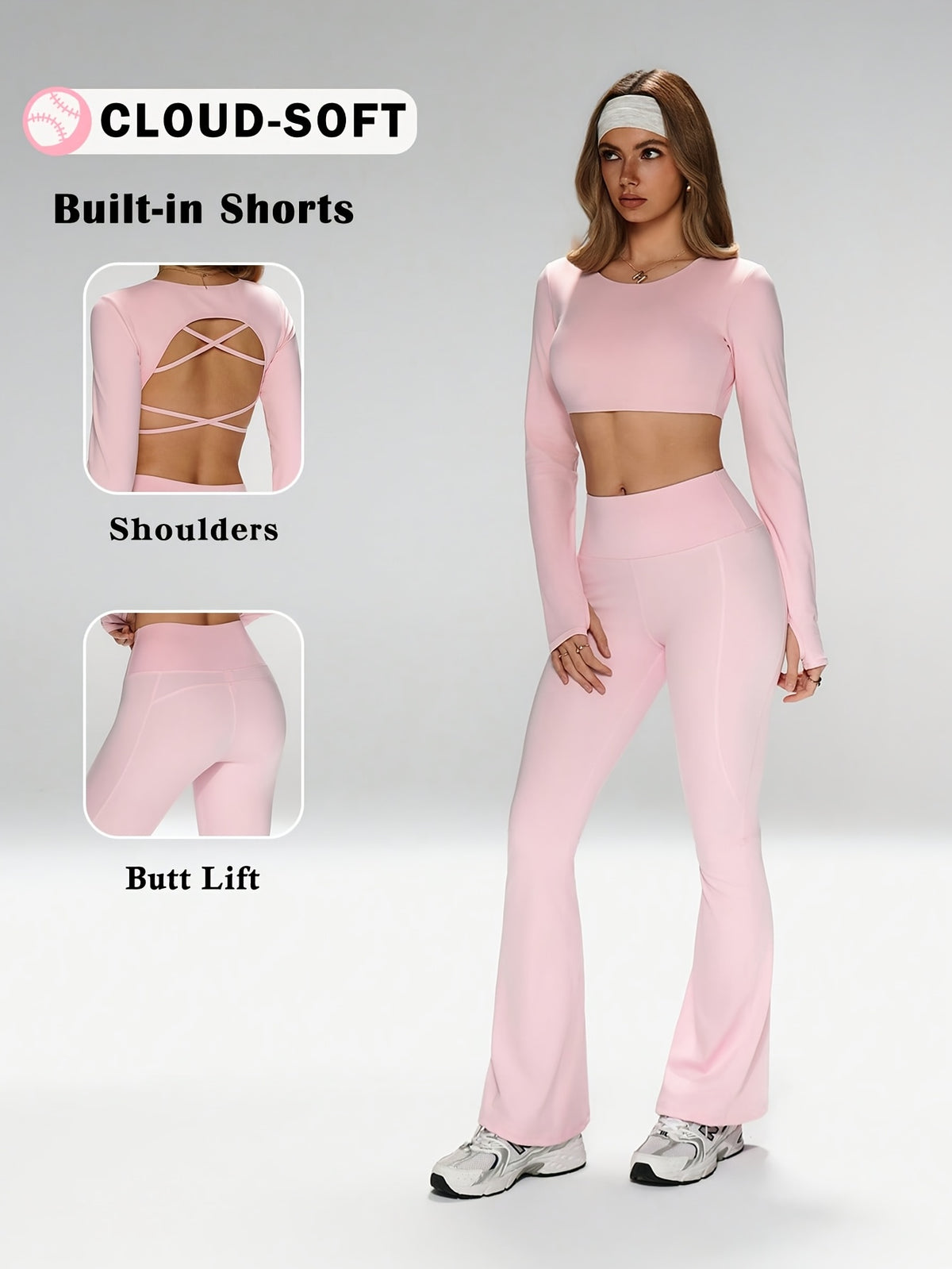 Open Back Long Sleeve Top & Flare Pants Set - Pink Red