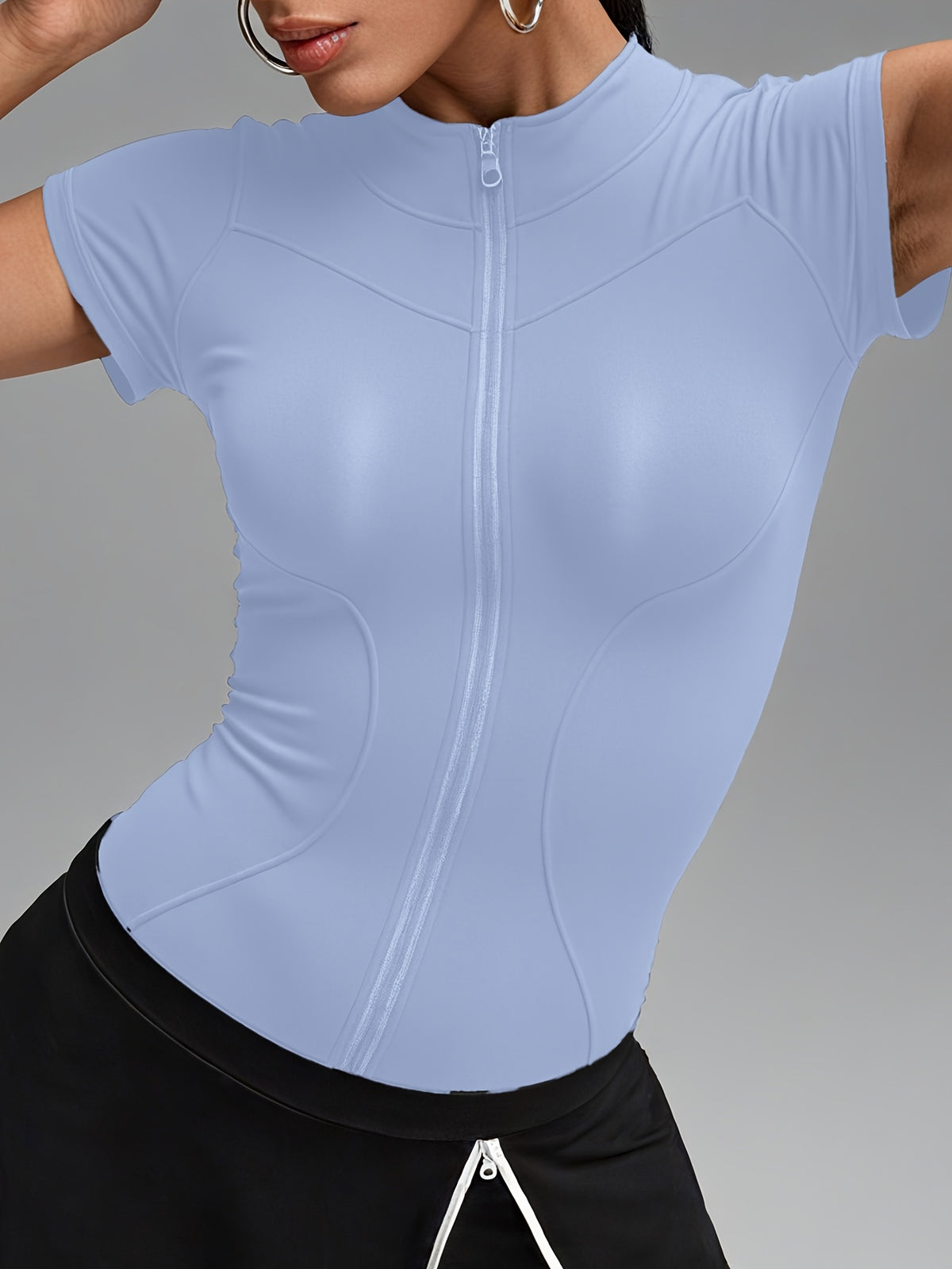 Short Sleeve Cropped Zip Jacket - Light Blue