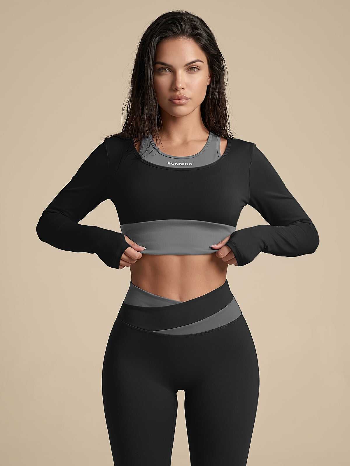 Faux Two-Piece Contrast Top & Leggings Set - Black