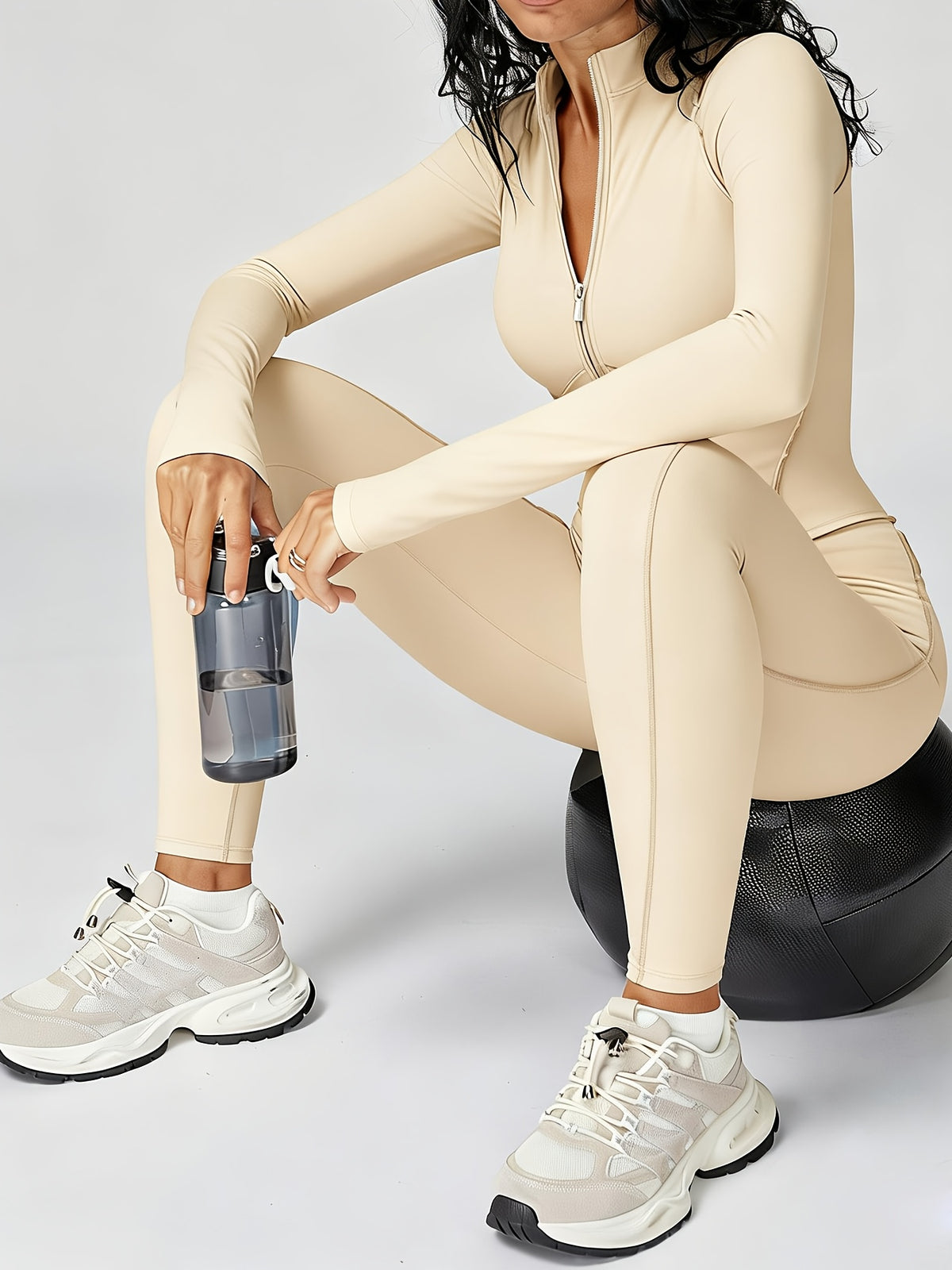 Half Zip Long Sleeve Jumpsuit - Oatmeal Apricot