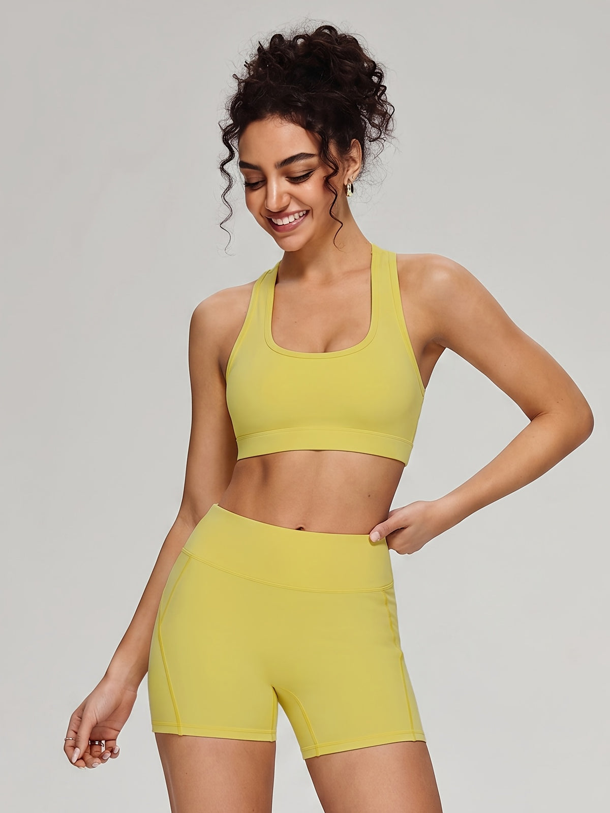 Halter Sports Bra & Shorts Set - Bright Yellow