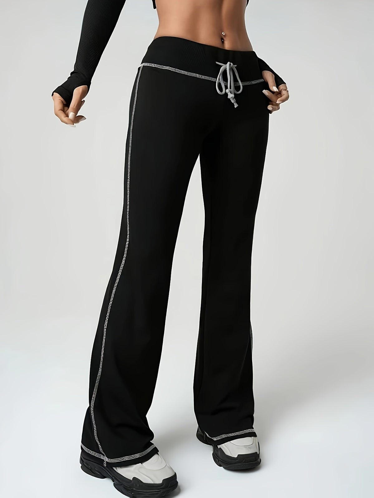 Drawstring Waist Flared Yoga Pants - Black