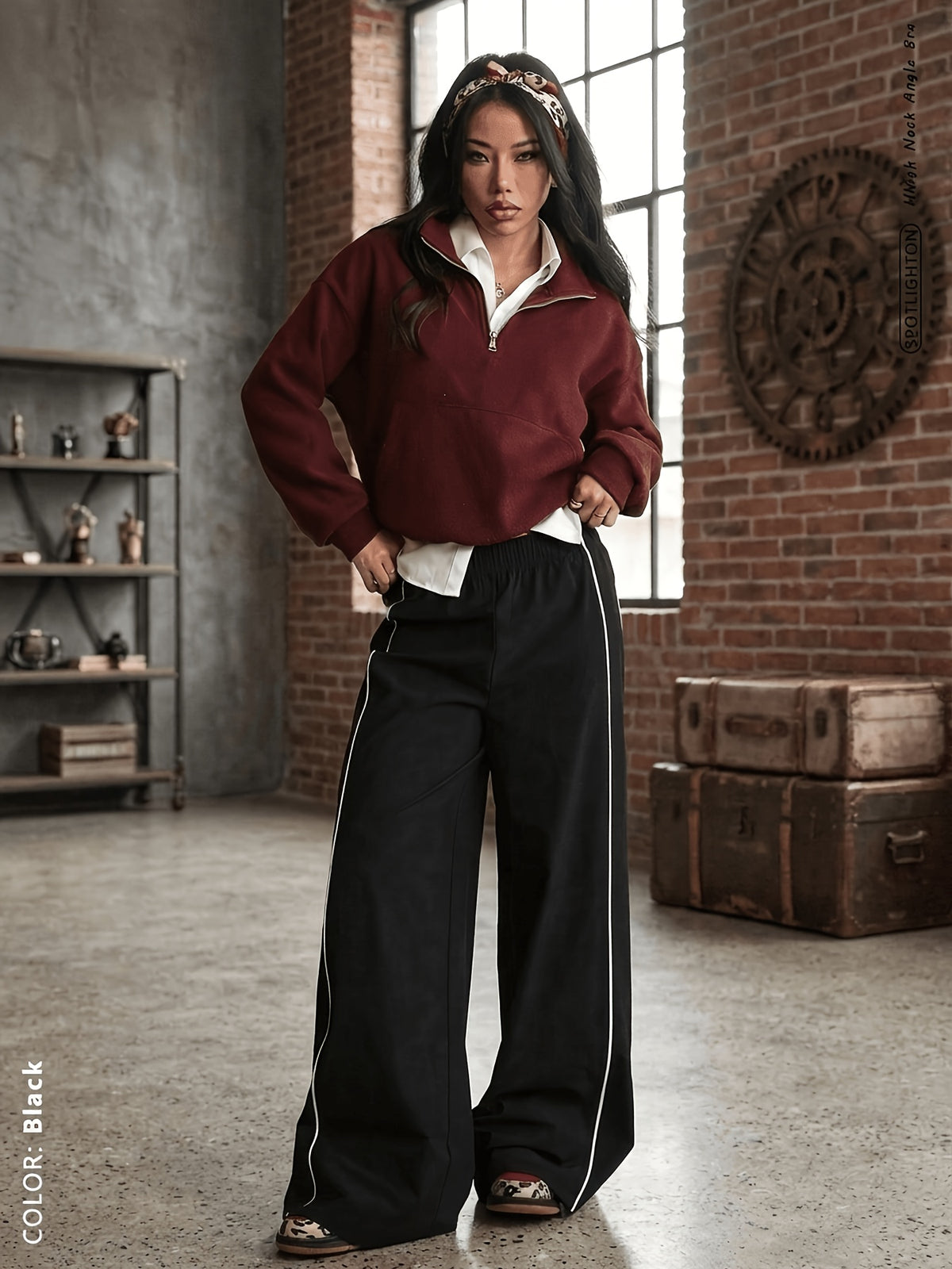 Side Stripe Wide Leg Pants - Black