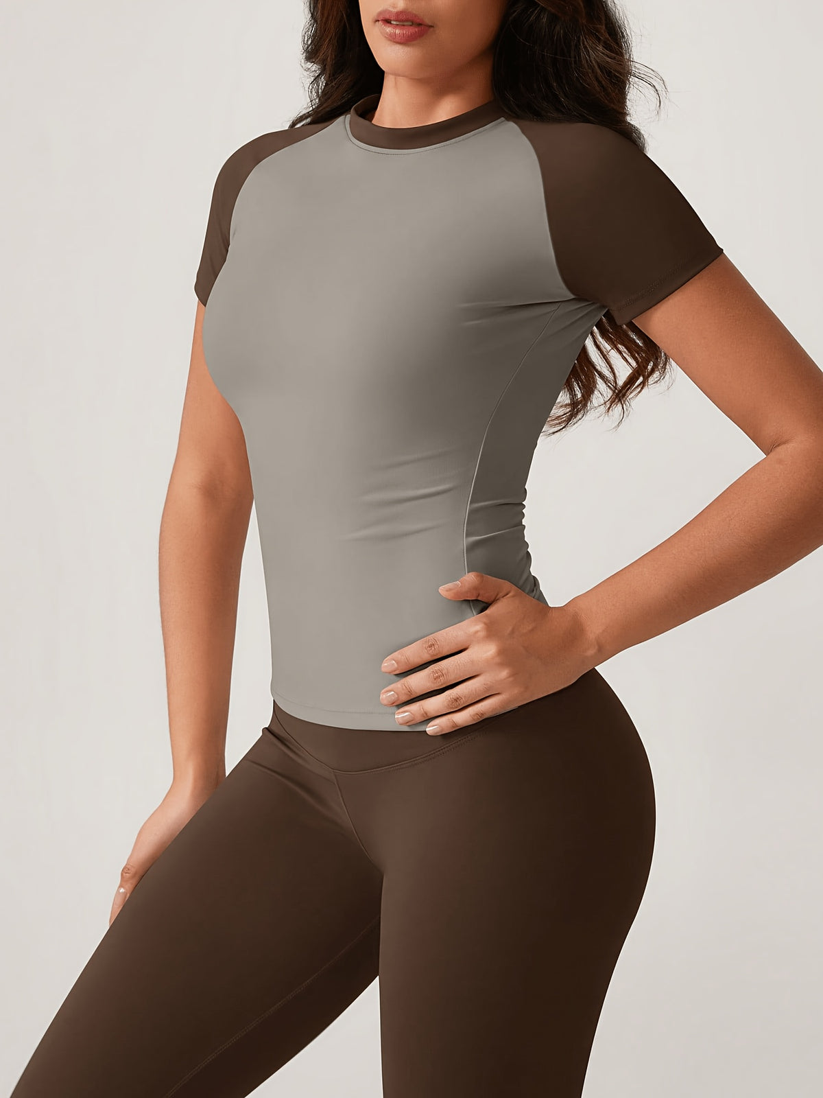 Colour Block Tee & Leggings Set - Coffee & Grey