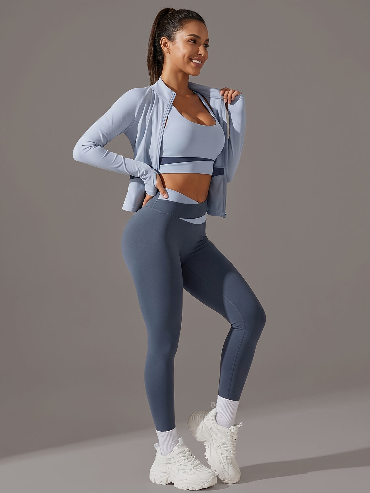 Colour Block Thumbhole Jacket 3 Piece Set - Navy & Steel Blue