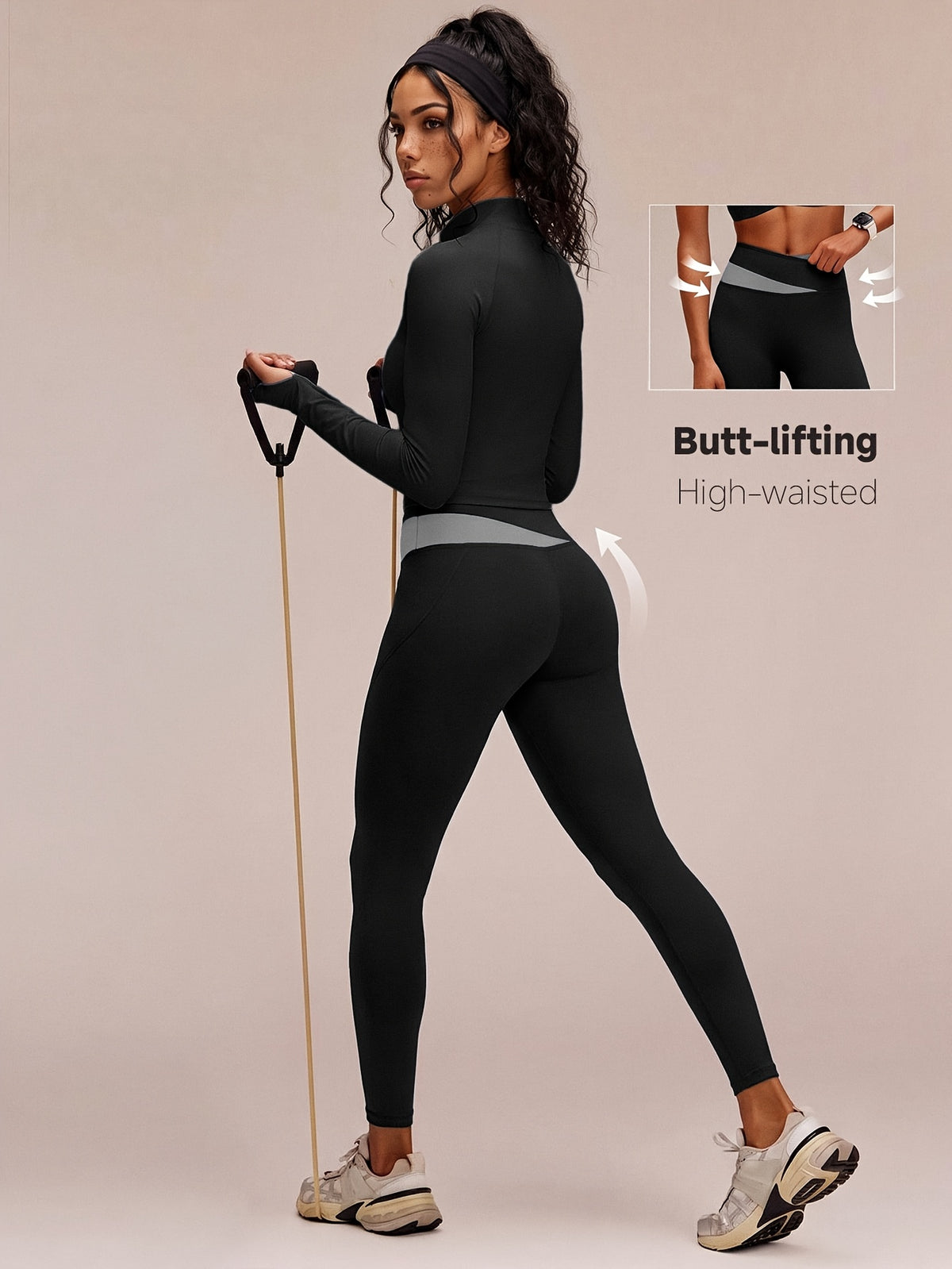 Contrast Seam Jacket & Leggings Set - Black