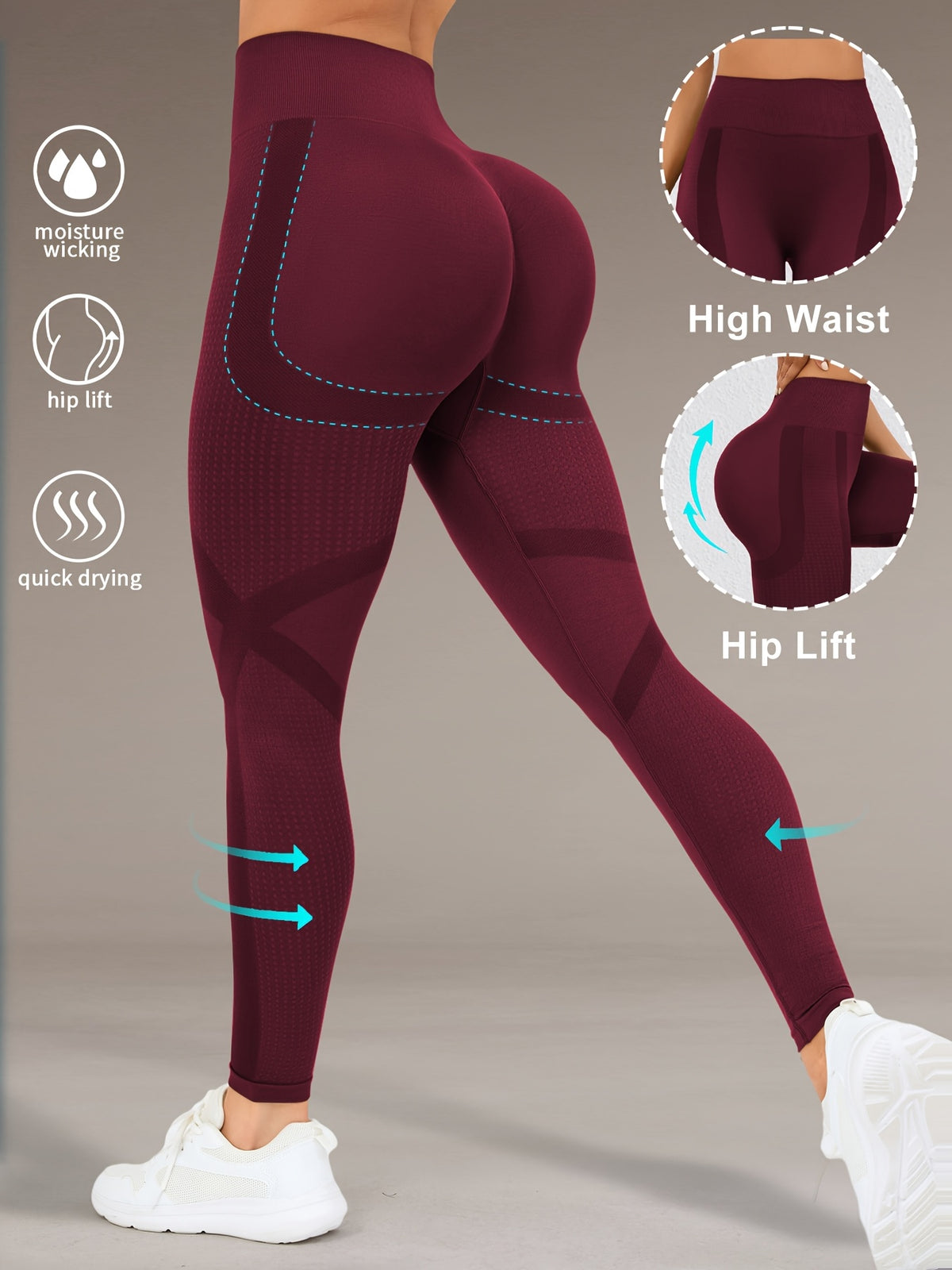 Wide Waistband Lifting Leggings - Burgundy