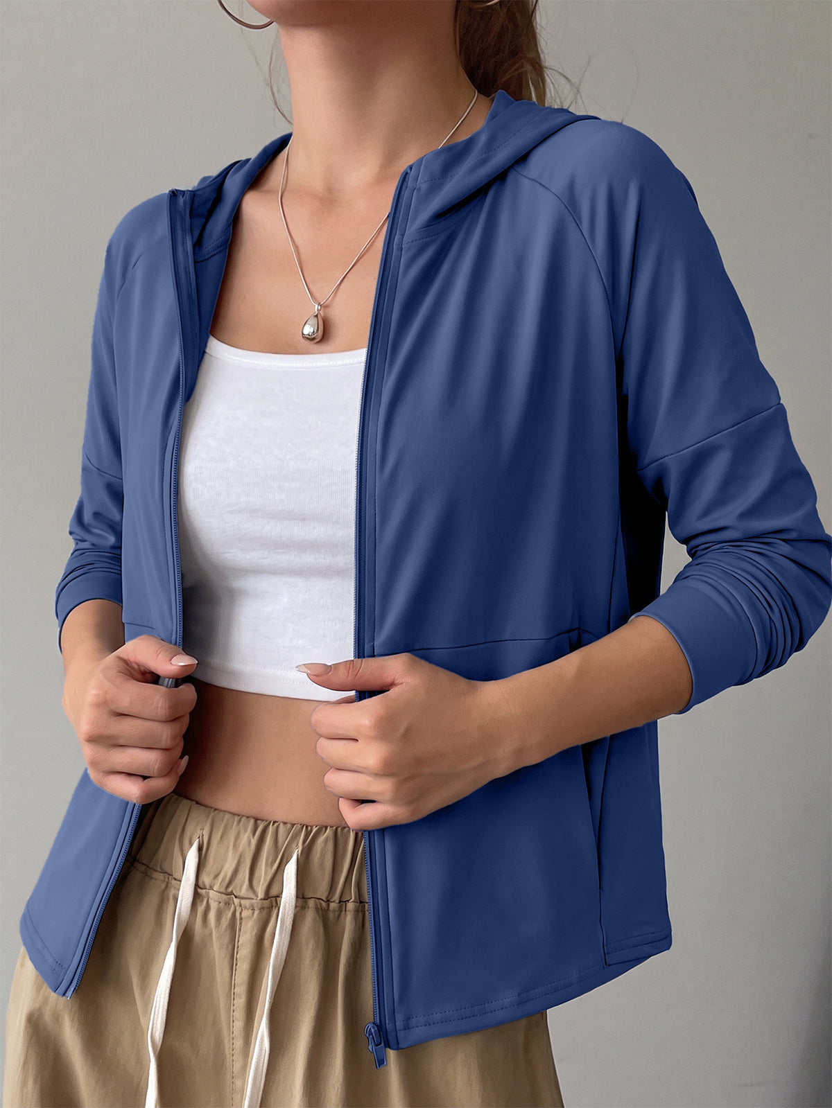 Longline Hooded Thumb Loop Jacket - Navy