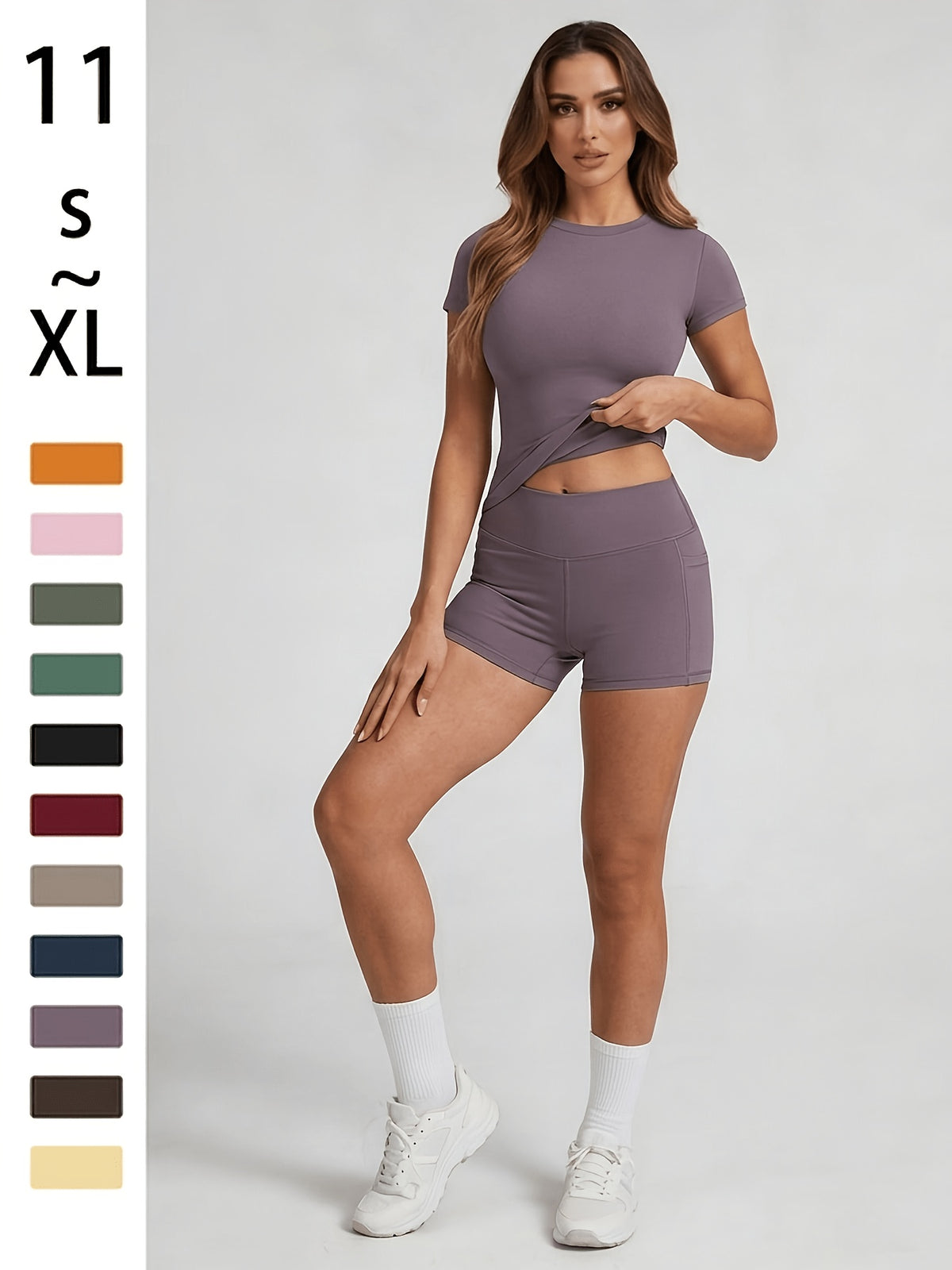Tummy Control Top & Pocket Shorts Set - Eggplant Purple