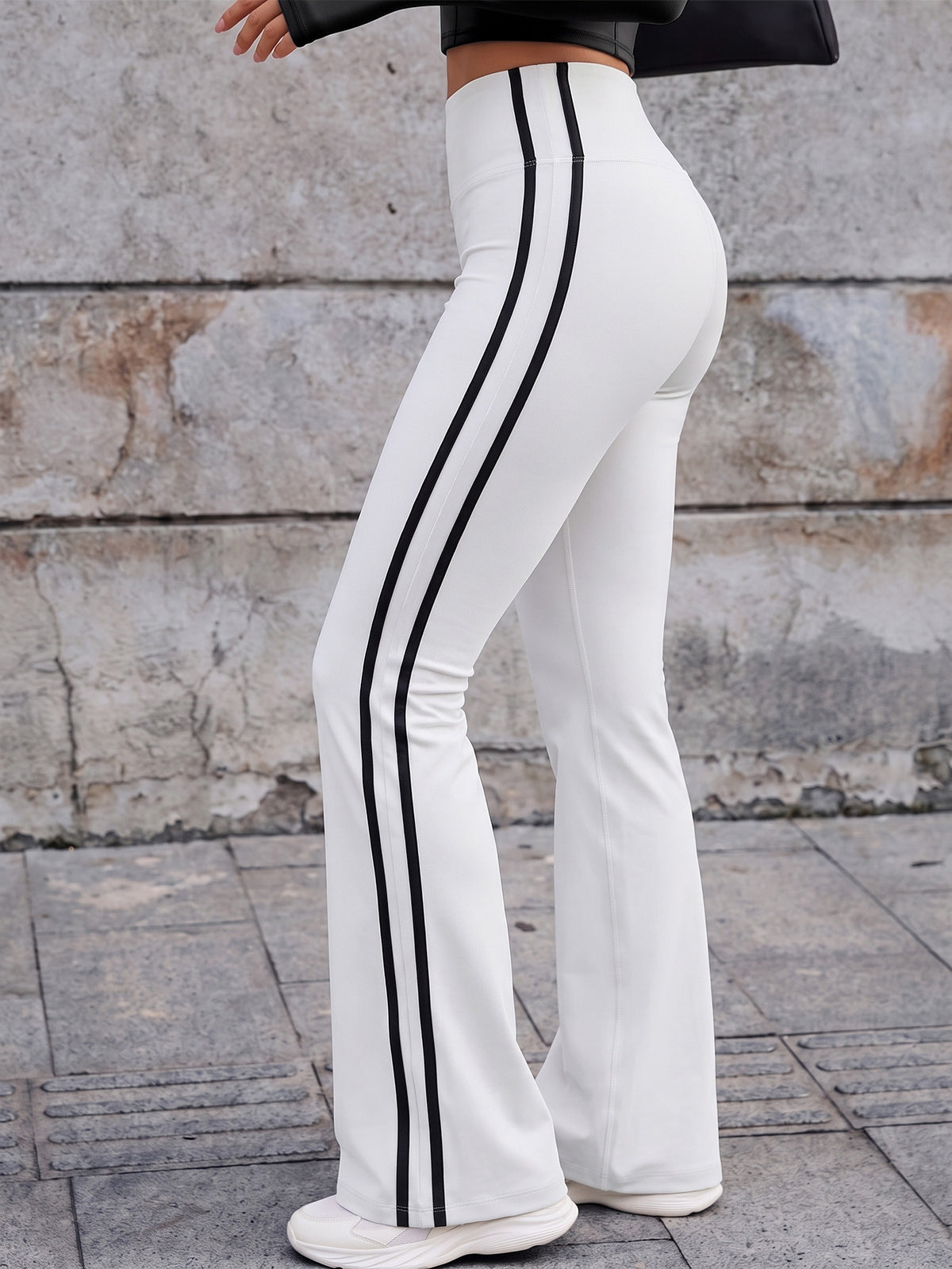 Vertical Stripe High Waist Flare Pants - White