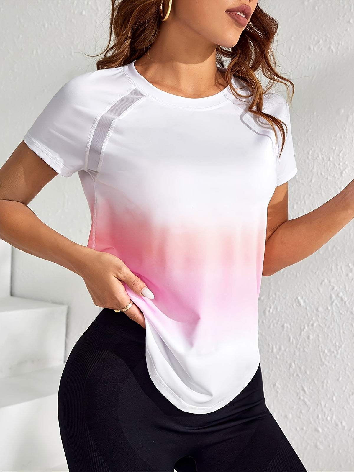 Tie-Dye Mesh Patchwork Sports Tee - Pink Ombre