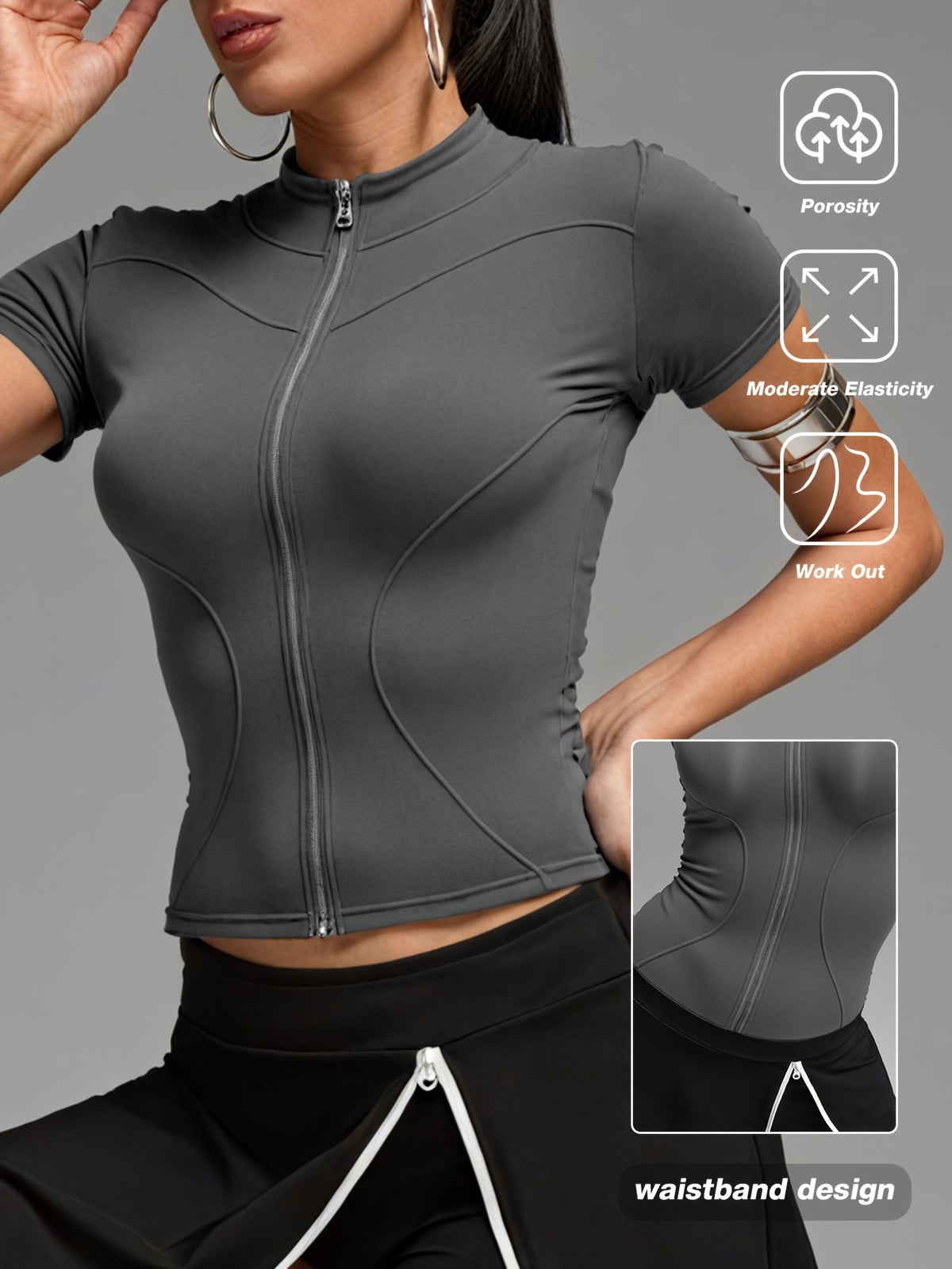 Short Sleeve Cropped Zip Jacket - Grey