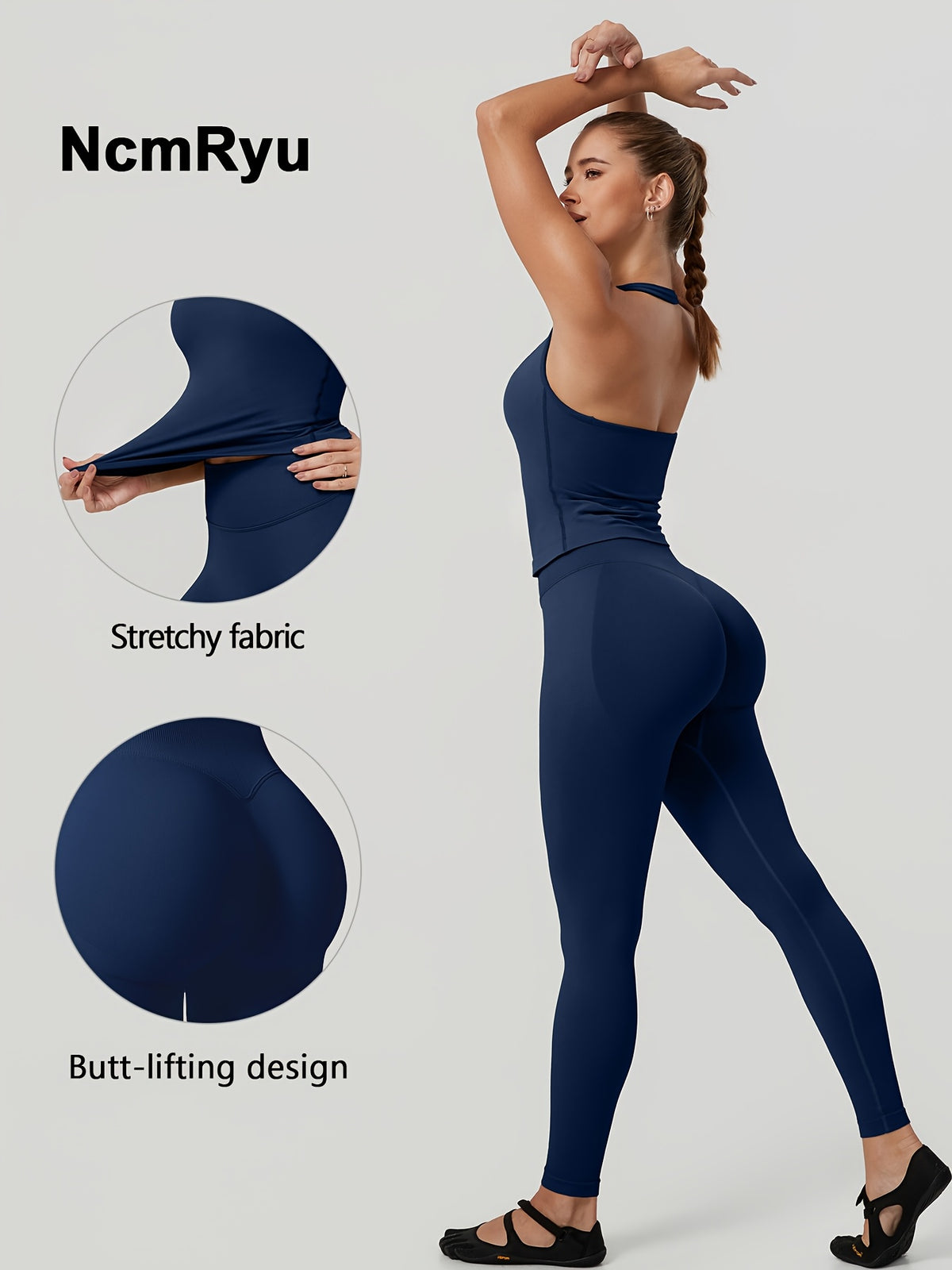 Square Neck Halter Tank & Leggings Set - Navy