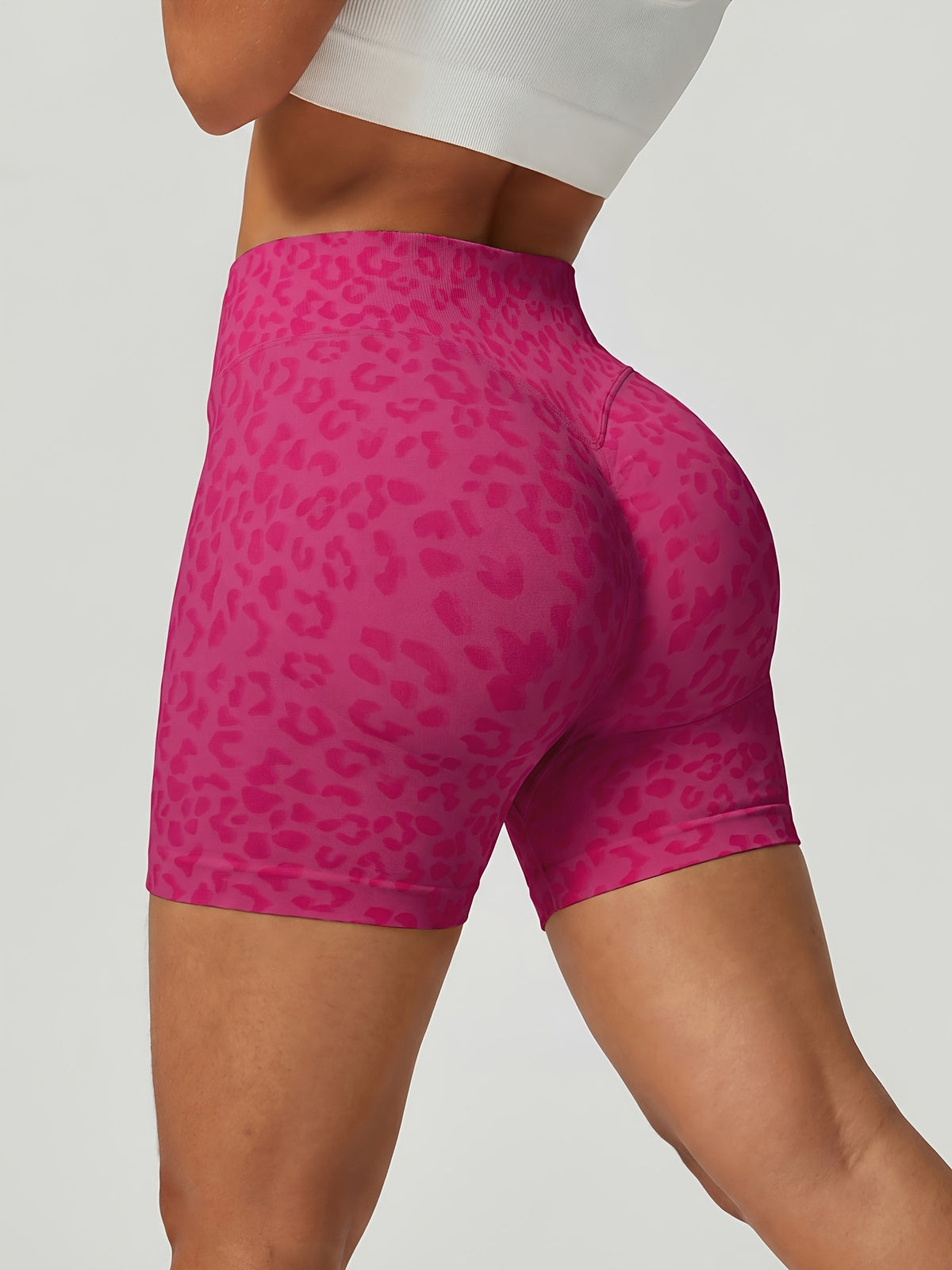 Leopard Seamless Ribbed Biker Shorts - Raspberry