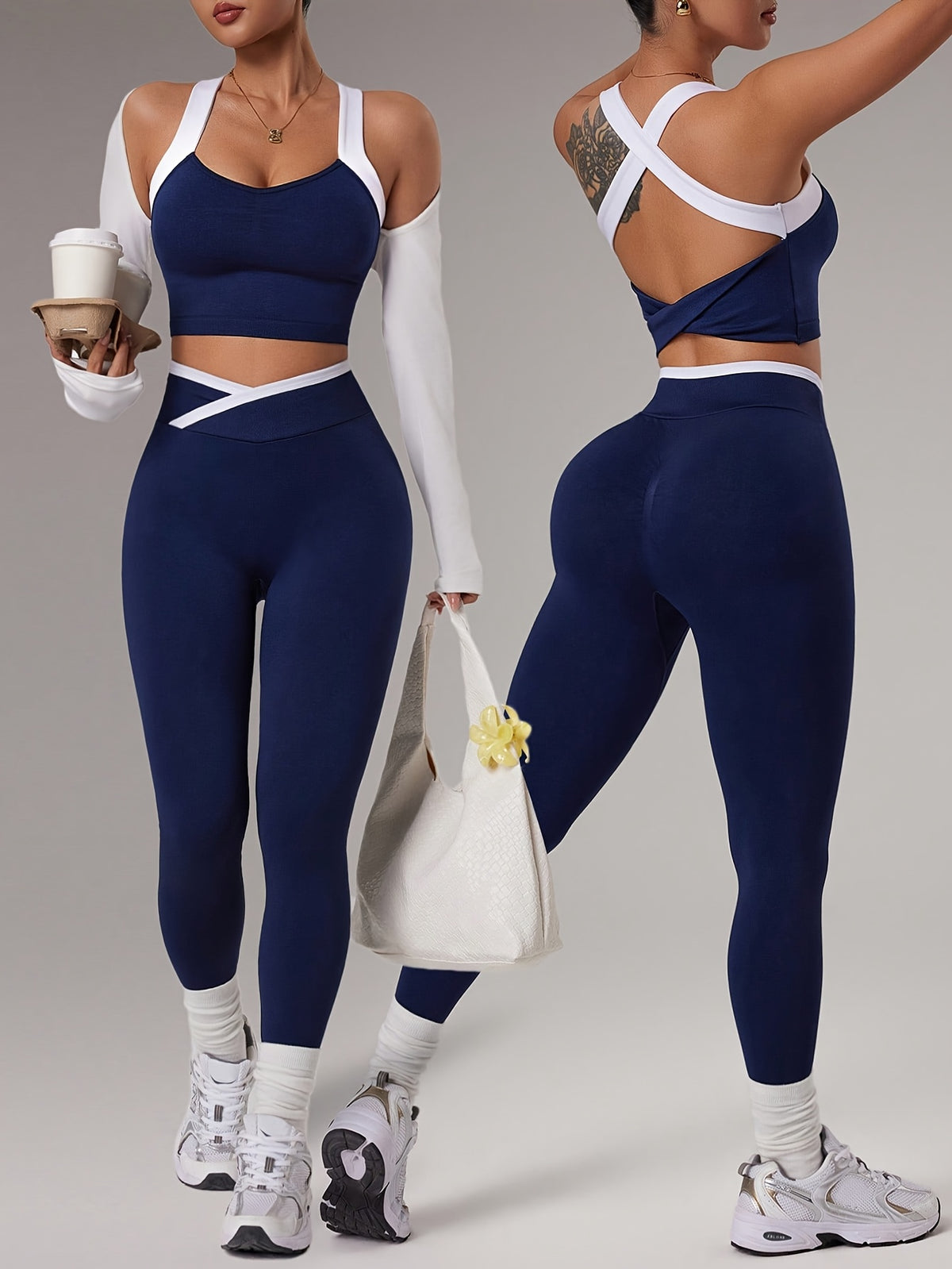 Cross Strap Bra & Leggings Set - Navy