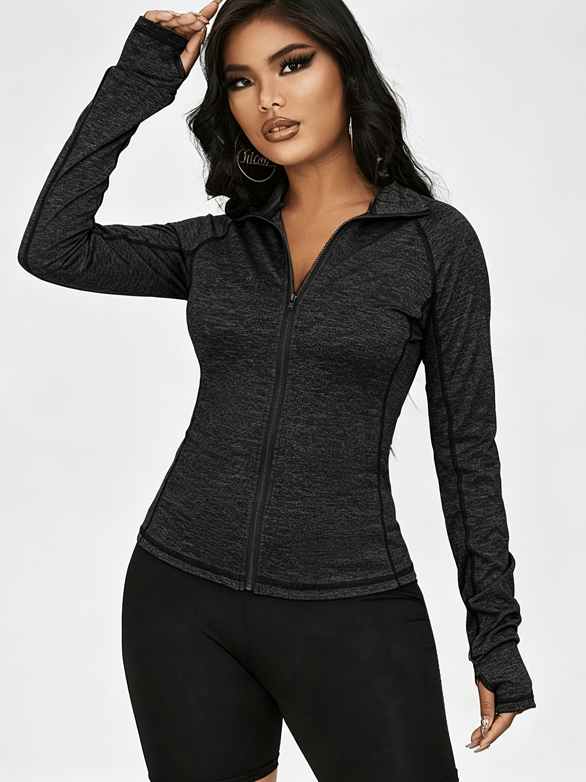 Raglan Thumbhole Zip-Up Sports Jacket - Black Gray