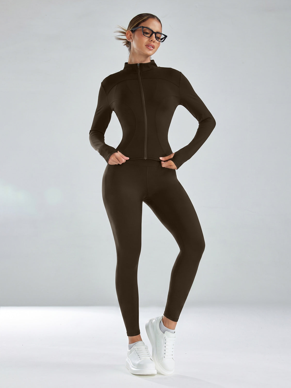 Mock Neck Track Jacket & Leggings Set - Coffee Brown
