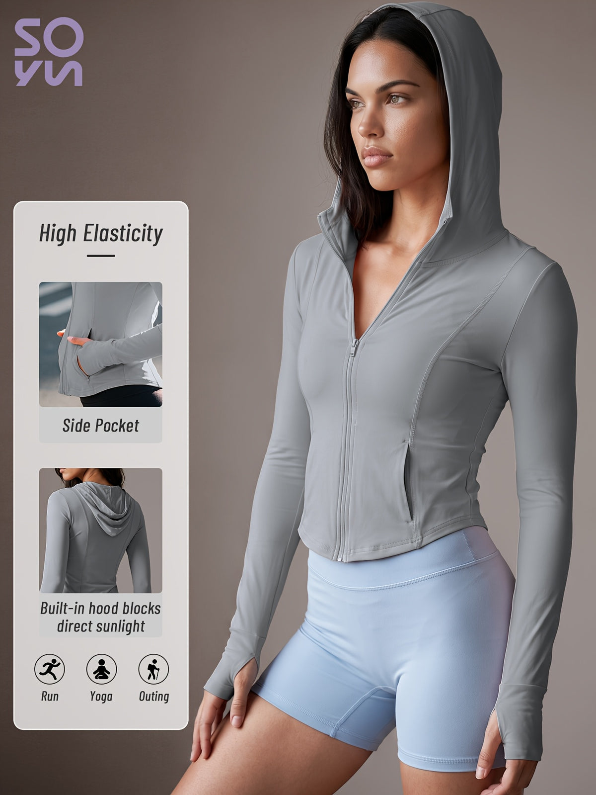 Curved Hem Hooded Pocket Jacket - Grey