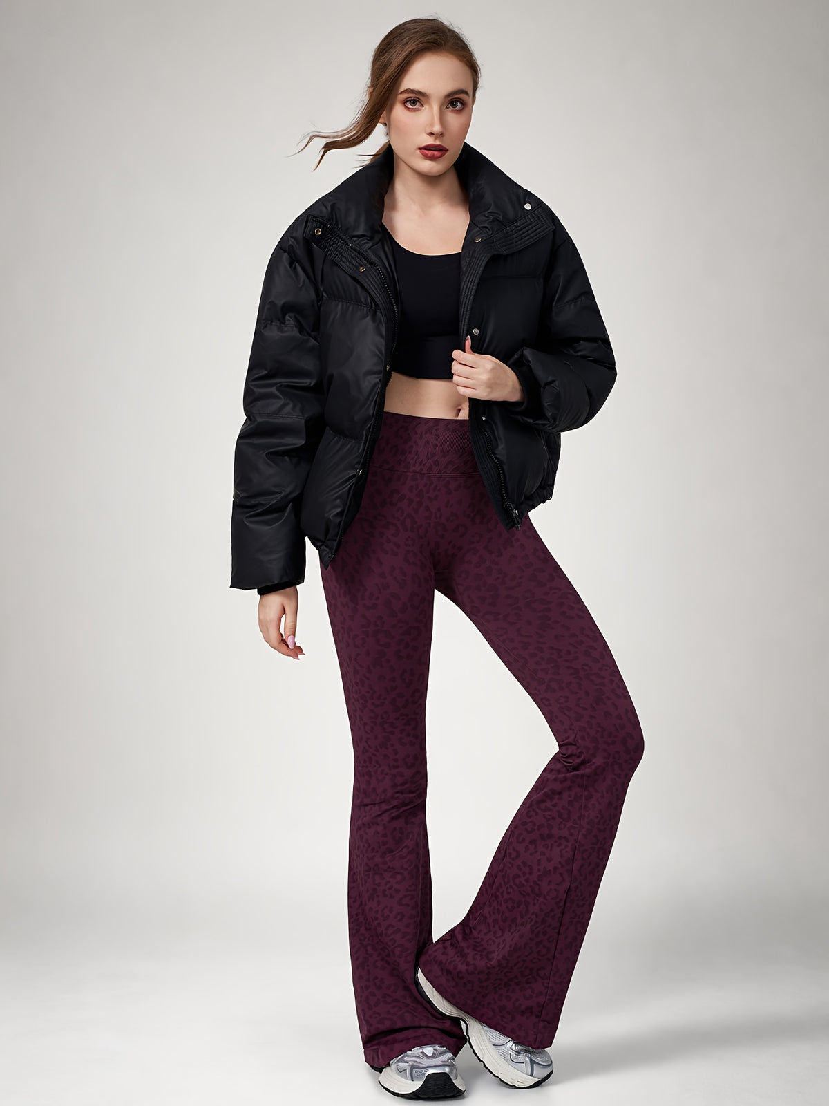Leopard Print Flare Leggings - Plum
