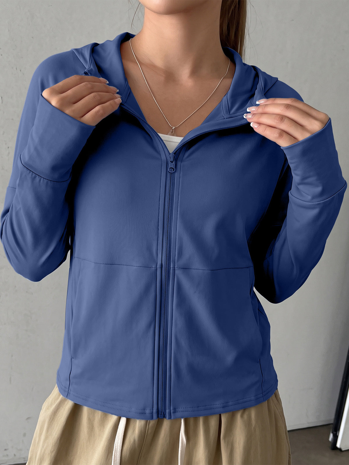 Longline Hooded Thumb Loop Jacket - Navy