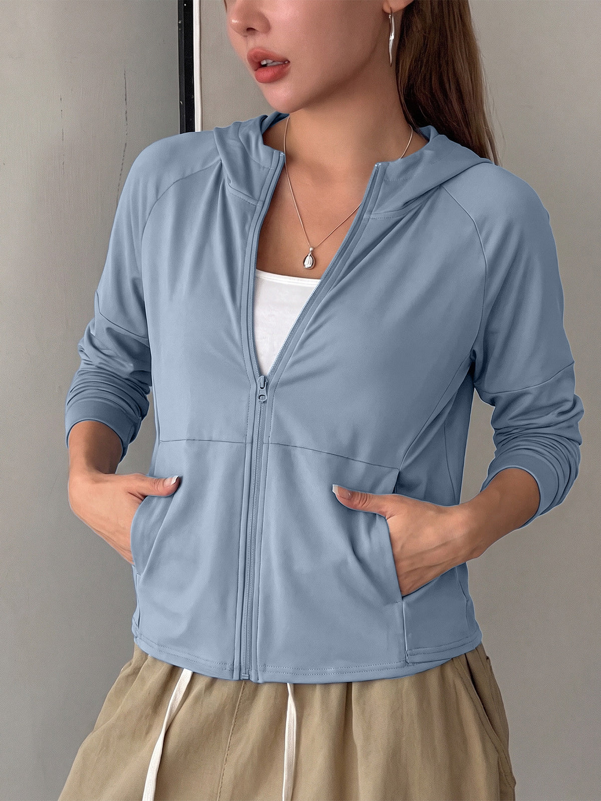 Longline Hooded Thumb Loop Jacket - Lake Blue